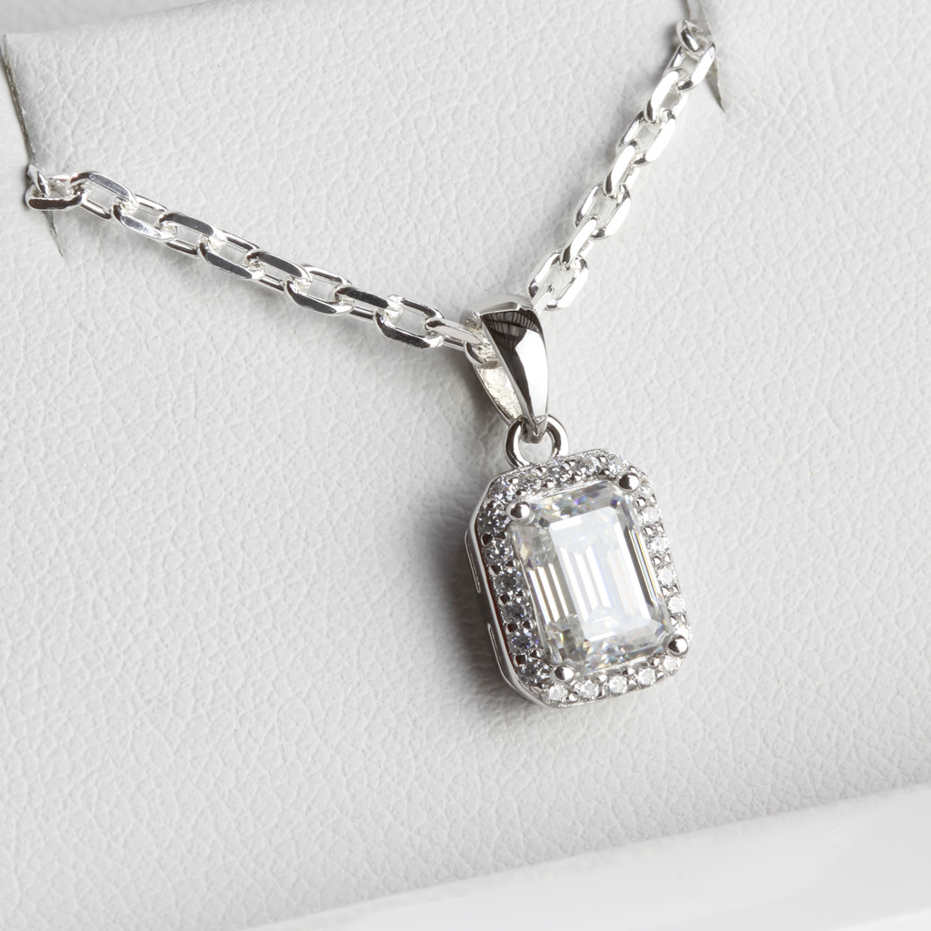 White Gold 1ct Emerald Cut Moissanite Silver Dazzle Pendant Necklace