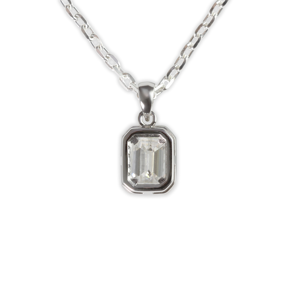 White Gold 1ct Emerald Cut Moissanite Silver Dazzle Pendant Necklace