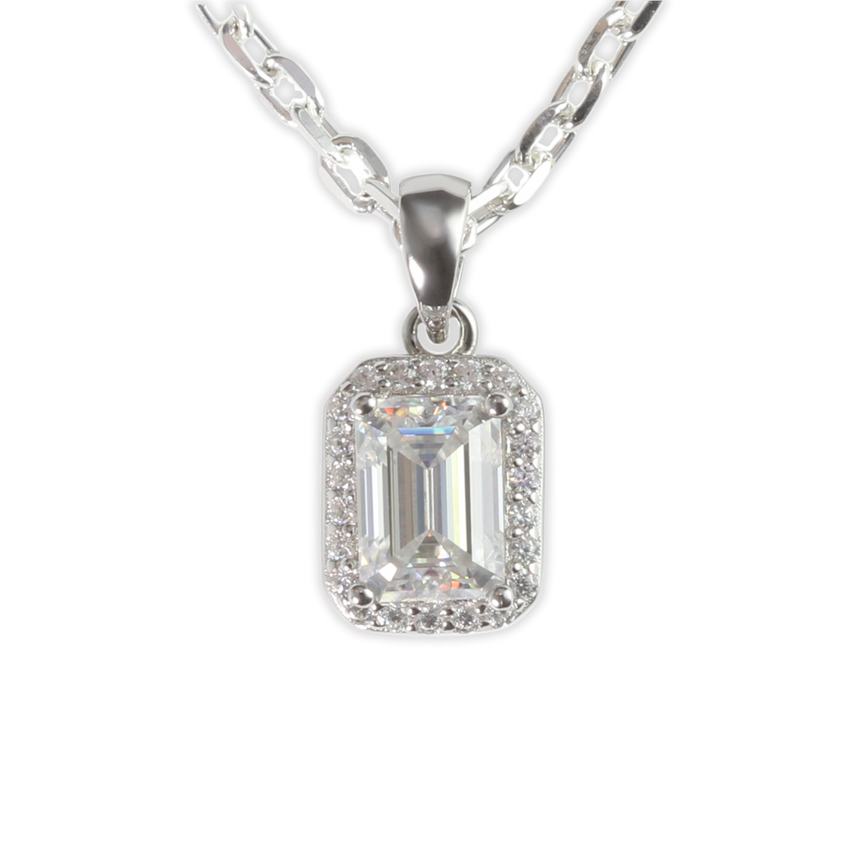White Gold 1ct Emerald Cut Moissanite Silver Dazzle Pendant Necklace