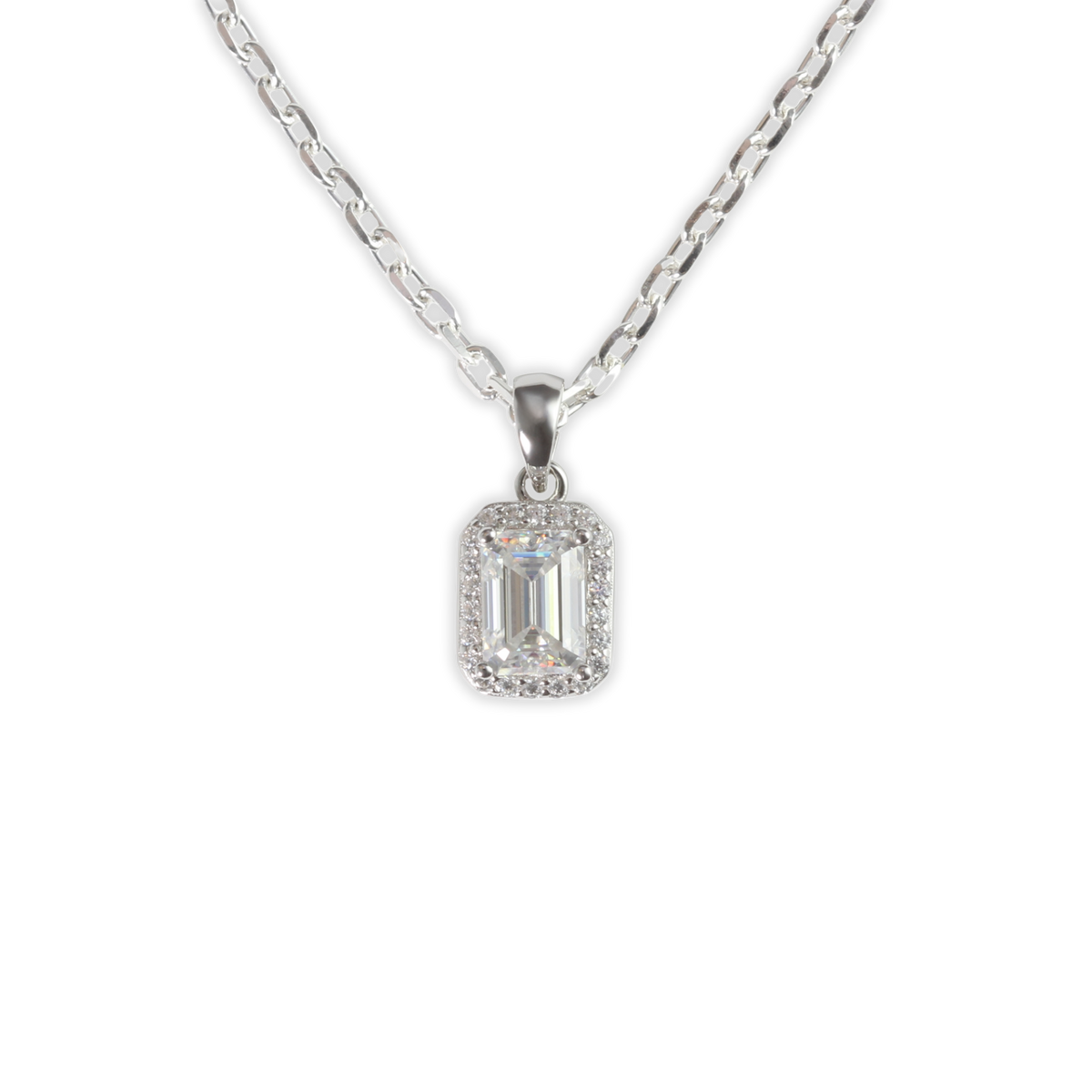 White Gold 1ct Emerald Cut Moissanite Silver Dazzle Pendant Necklace