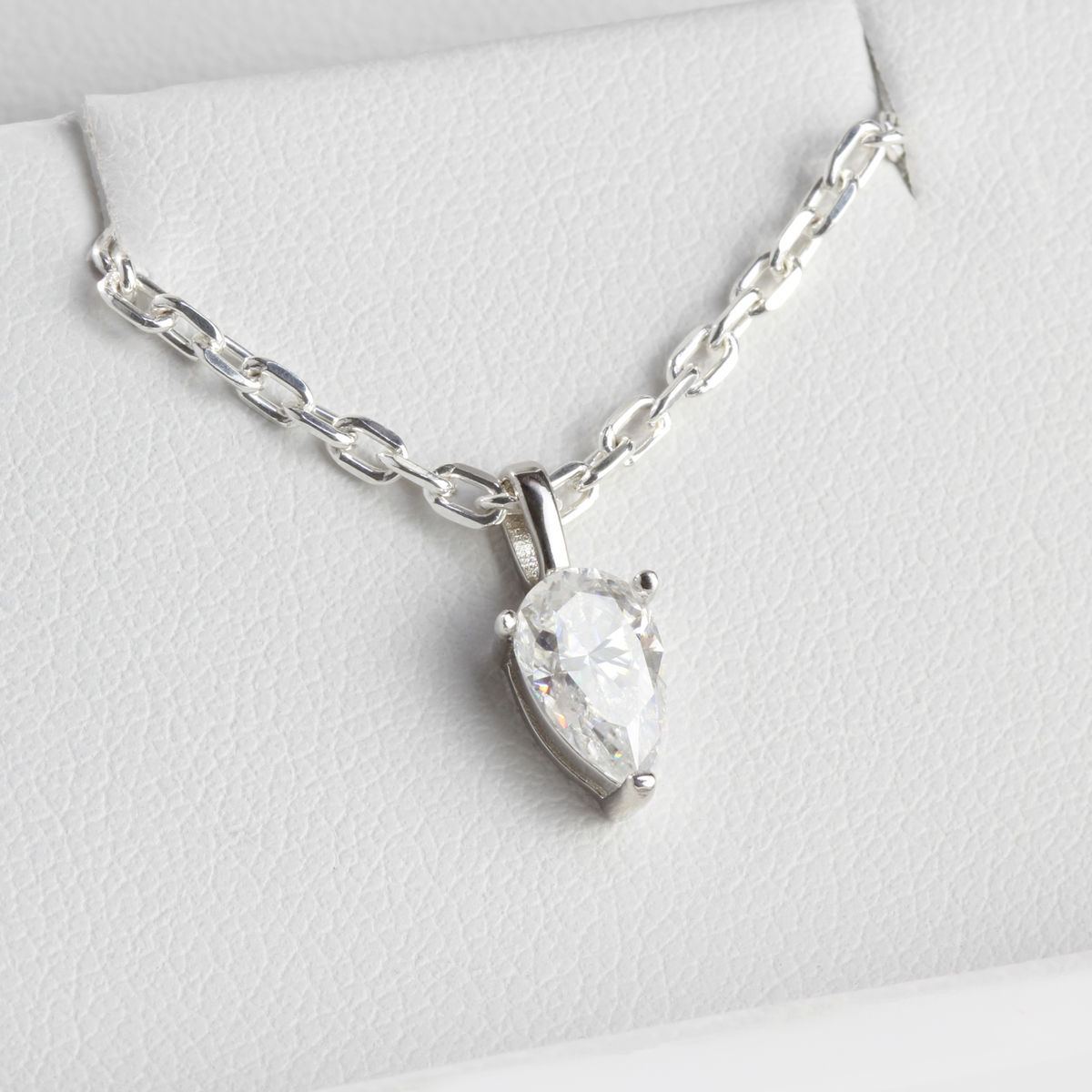 White Gold 1ct Pear Drop Moissanite Silver Dazzle Pendant Necklace