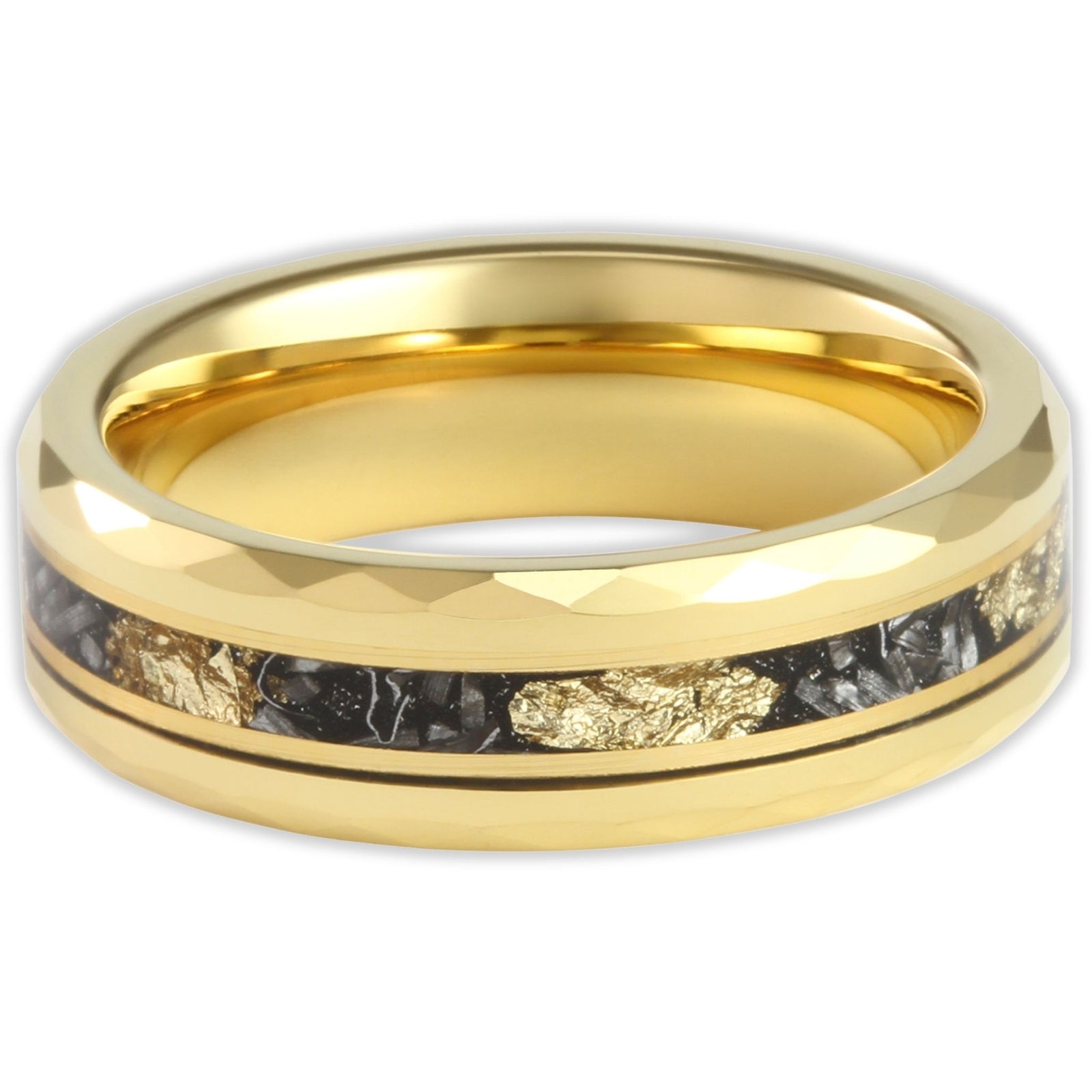 Top view of gold tungsten 6mm ring with gold flake inlay and flat outer surface