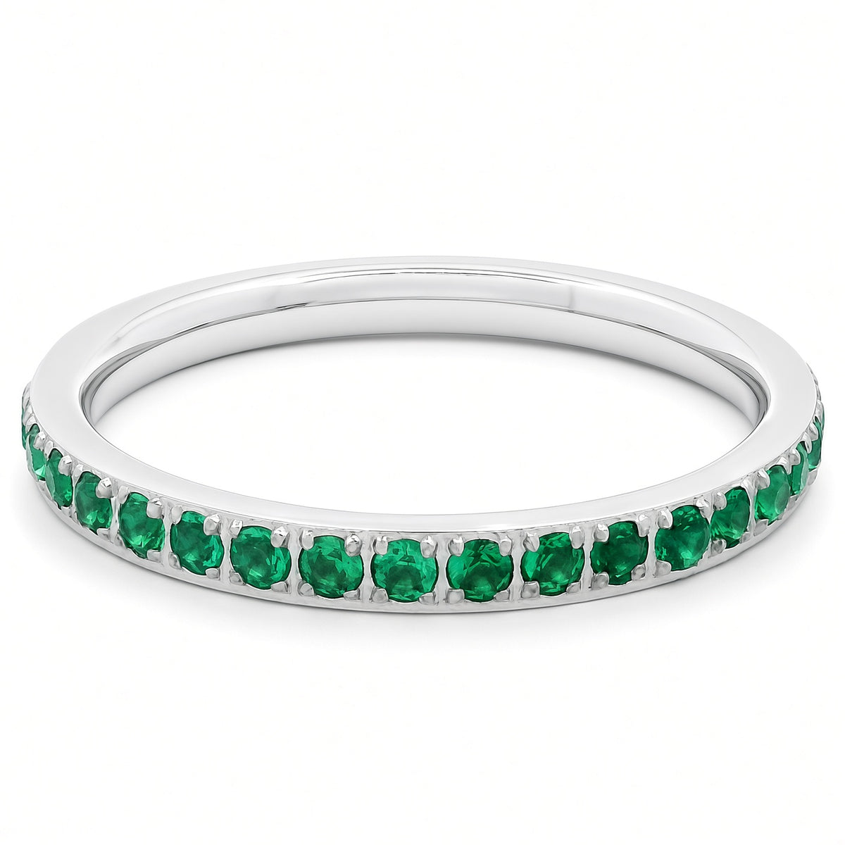 2mm White Gold Full Glitz Eternity Ring | Emerald Green Cubic Zirconia Stacking Ring