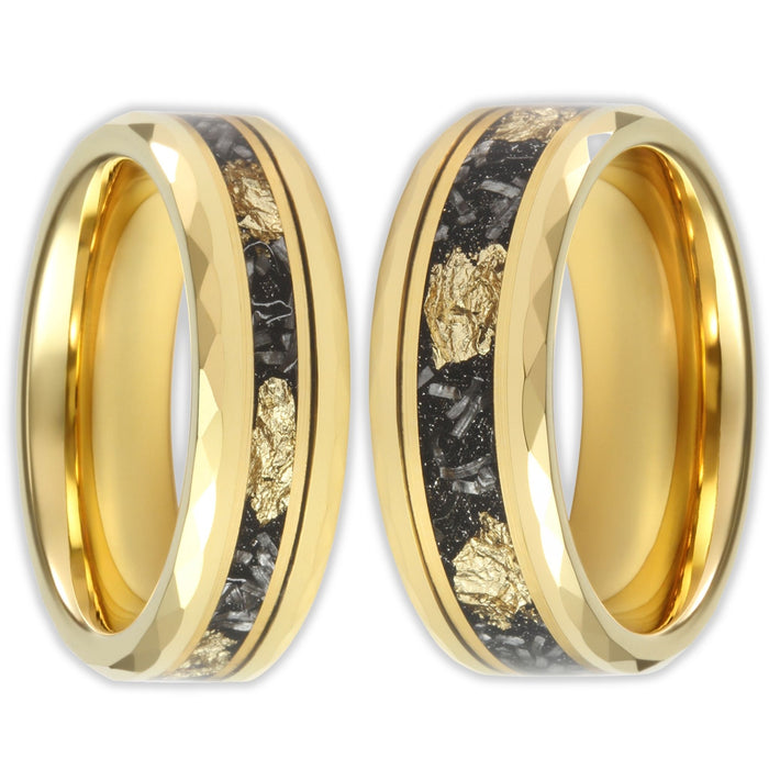 Front view of gold tungsten ring with gold flake inlay and faceted edges in 6mm and 8mm band