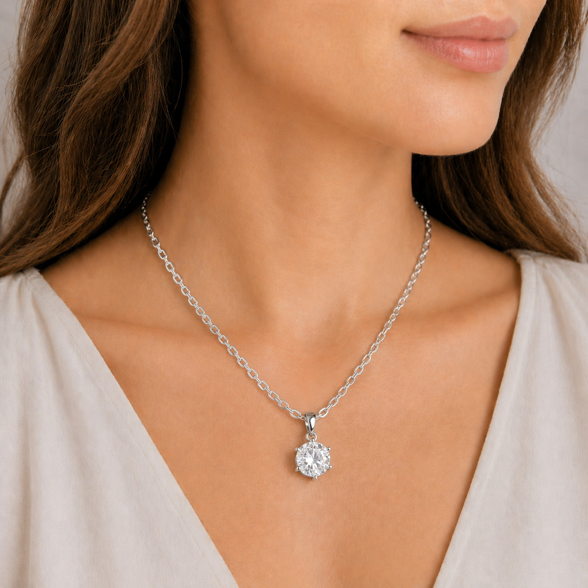 White Gold 1ct Round Moissanite Silver Dazzle Pendant Necklace