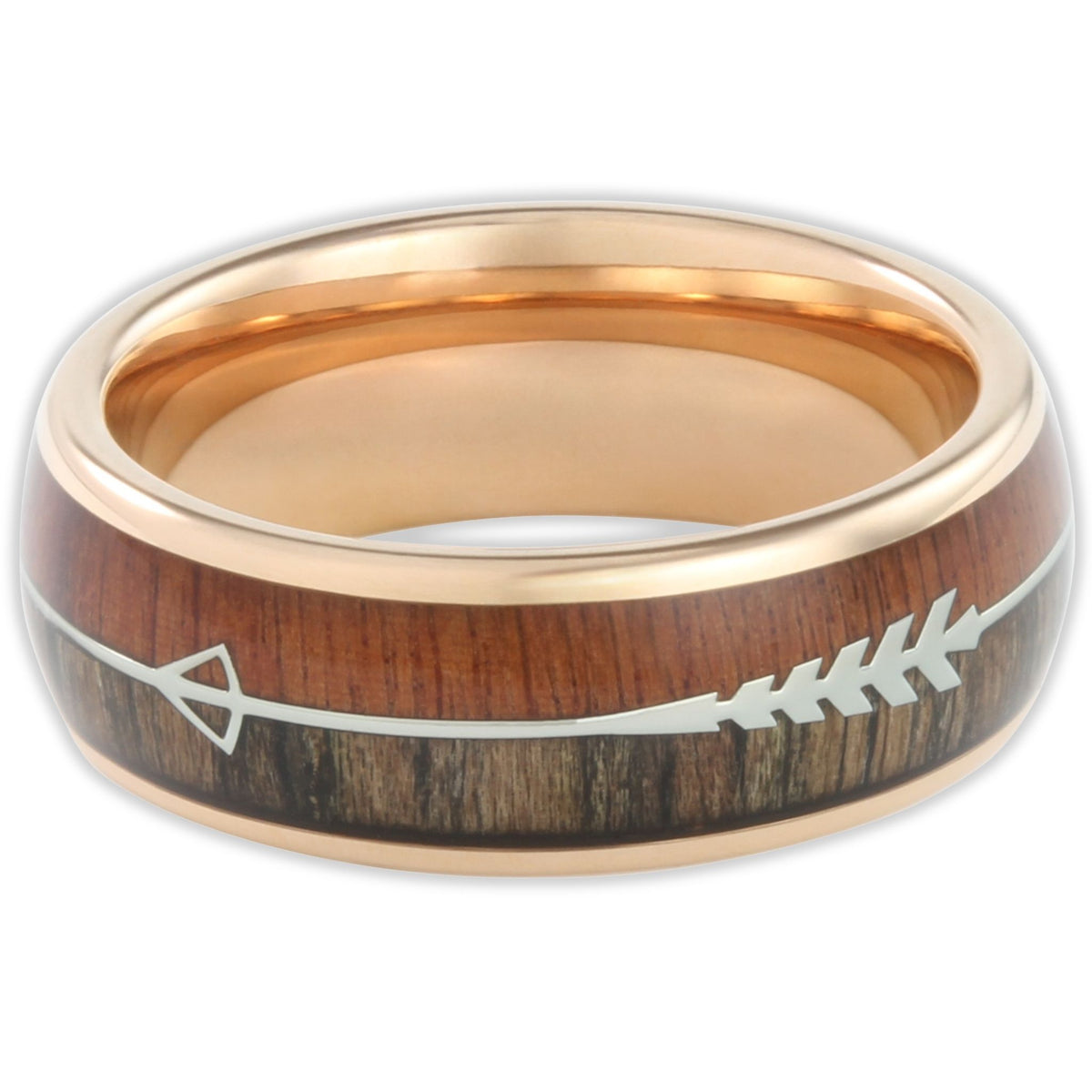 Top view of rose gold tungsten 8mm ring with arrow design and two-tone wood background