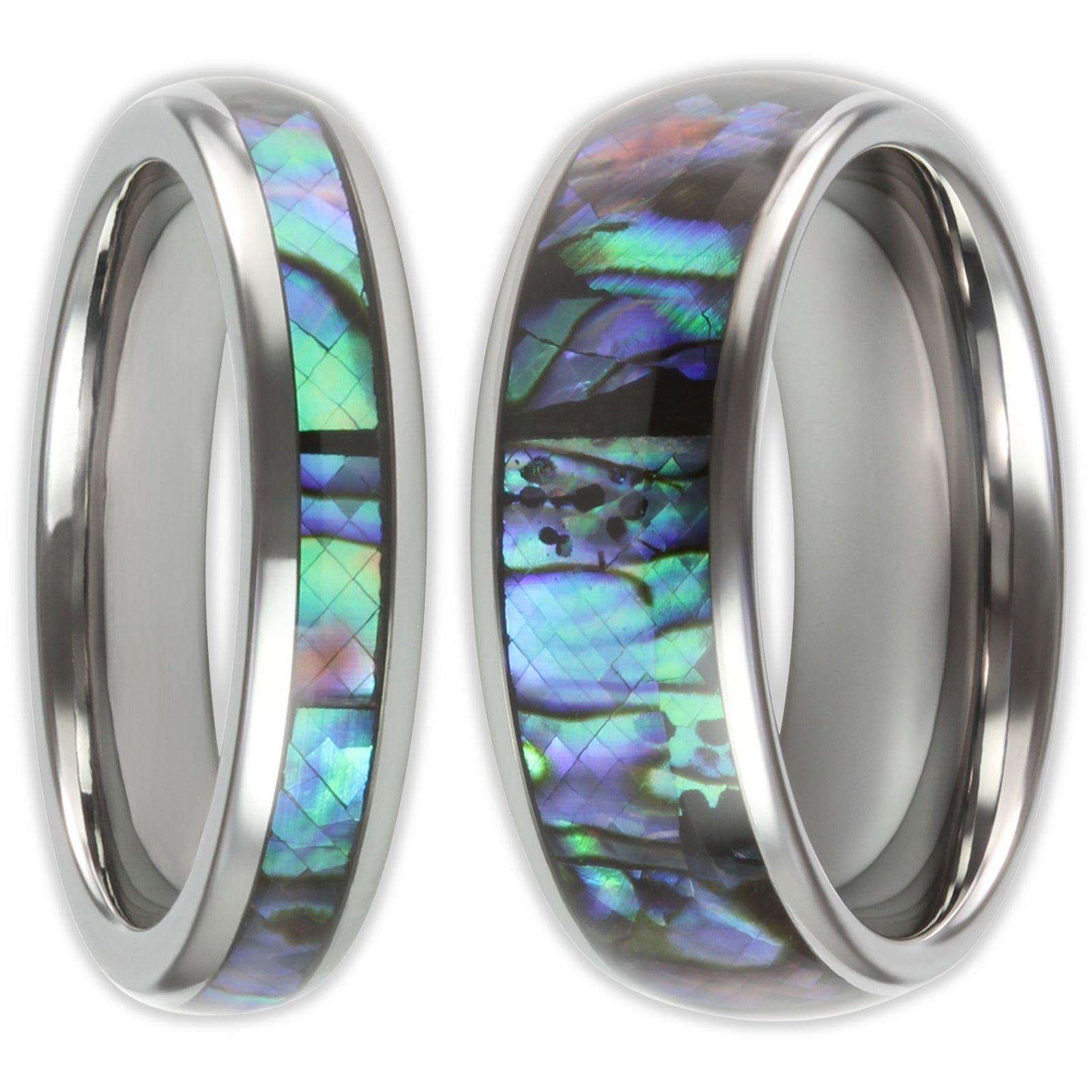 Front view of Neptune tungsten iridescent ring with mother-of-pear inlay in 4mm and 8mm band