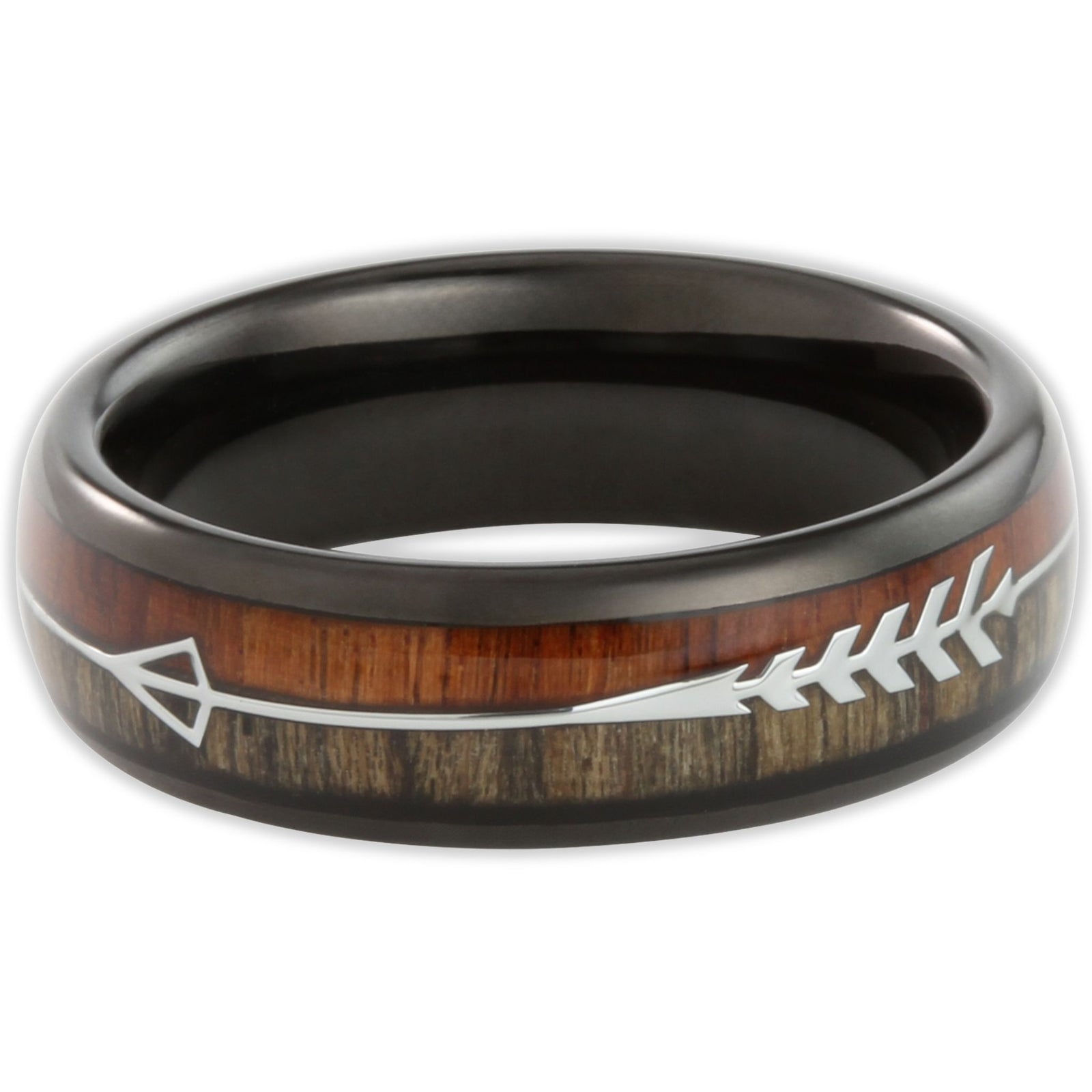 Top view of black tungsten 6mm ring with arrow design and two-tone wood background
