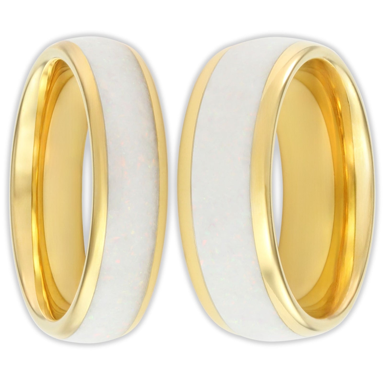 Front view of gold tungsten ring with white inlay and polished finish in 8mm and 6mm bands
