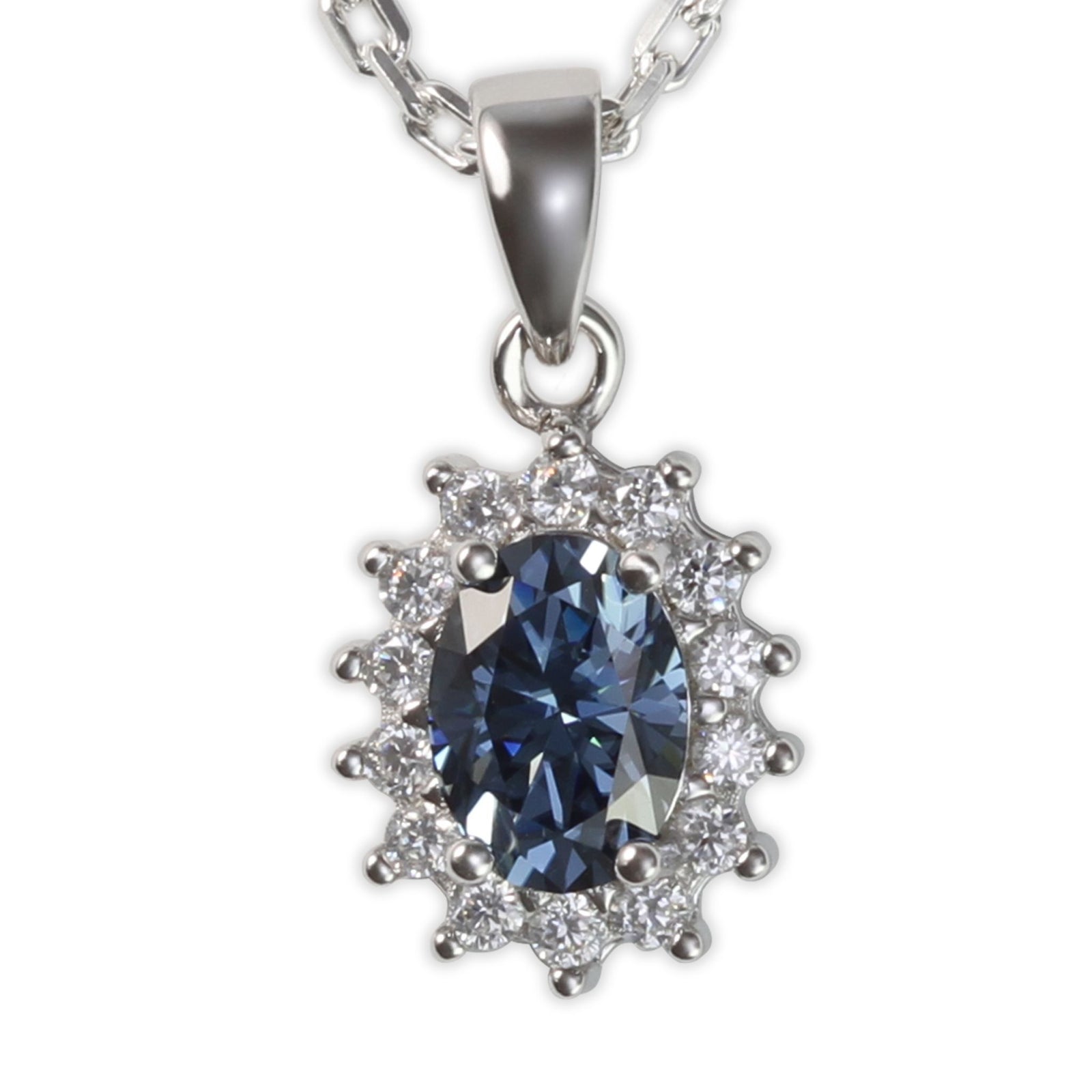 White Gold 1ct Oval Blue Moissanite Halo Silver Dazzle Pendant Necklace