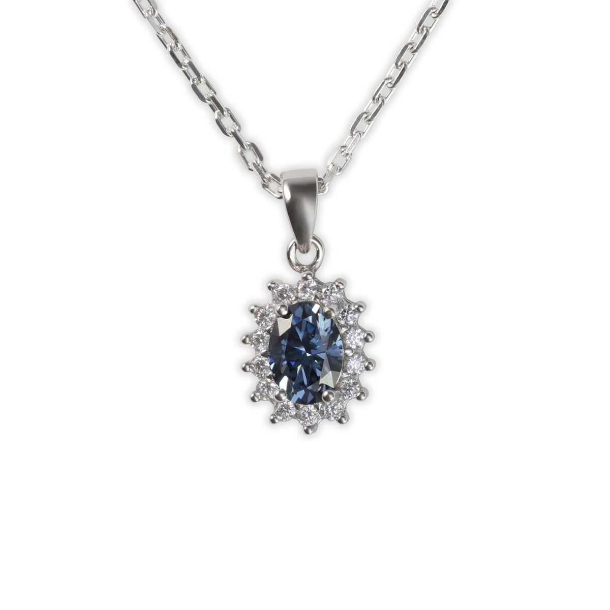 White Gold 1ct Oval Blue Moissanite Halo Silver Dazzle Pendant Necklace