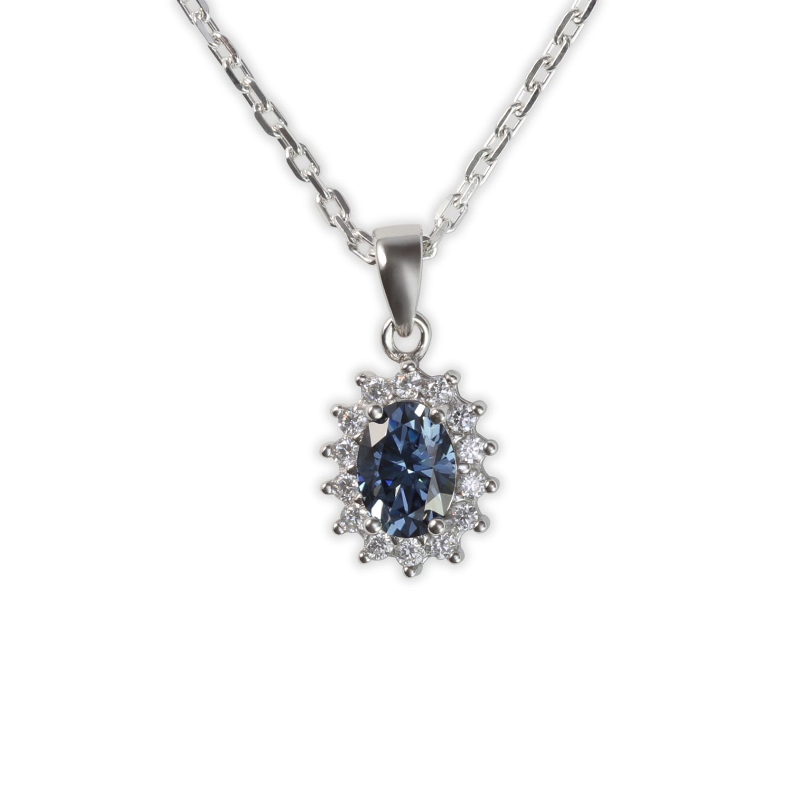 White Gold 1ct Oval Blue Moissanite Halo Silver Dazzle Pendant Necklace