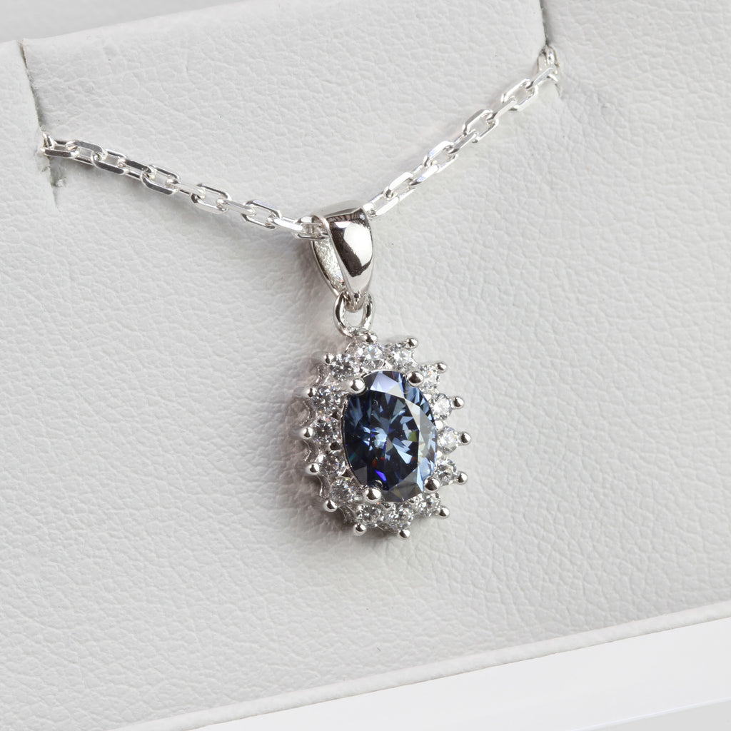 White Gold 1ct Oval Blue Moissanite Halo Silver Dazzle Pendant Necklace