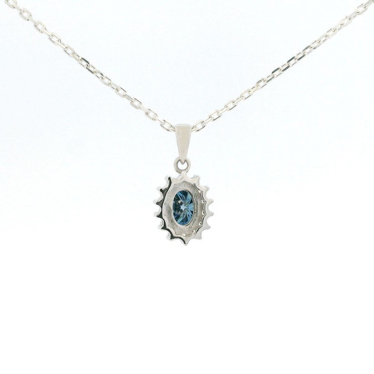 White Gold 1ct Oval Blue Moissanite Halo Silver Dazzle Pendant Necklace