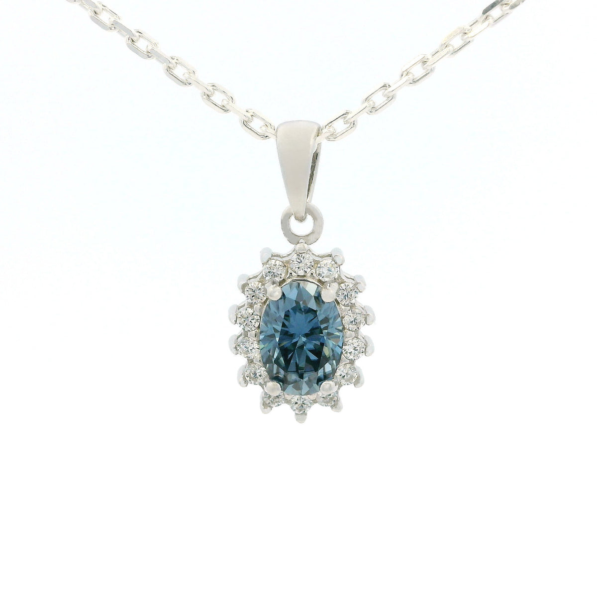 White Gold 1ct Oval Blue Moissanite Halo Silver Dazzle Pendant Necklace
