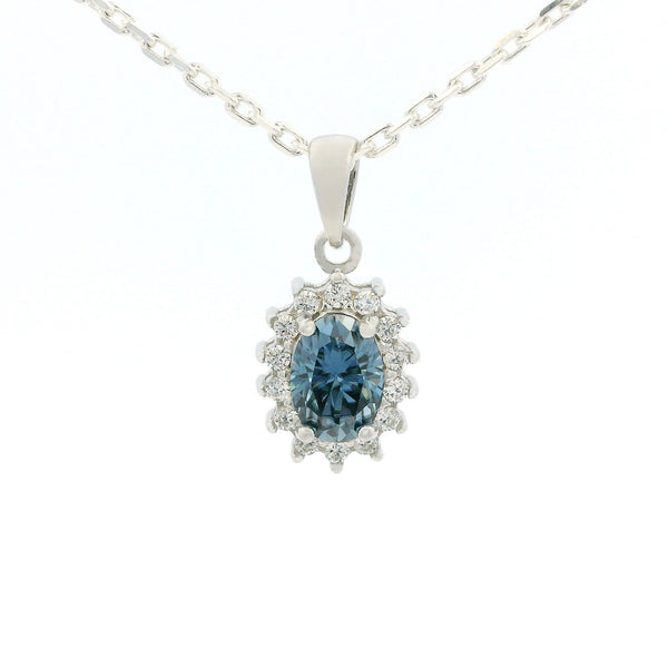 White Gold 1ct Oval Blue Moissanite Halo Silver Dazzle Pendant Necklace