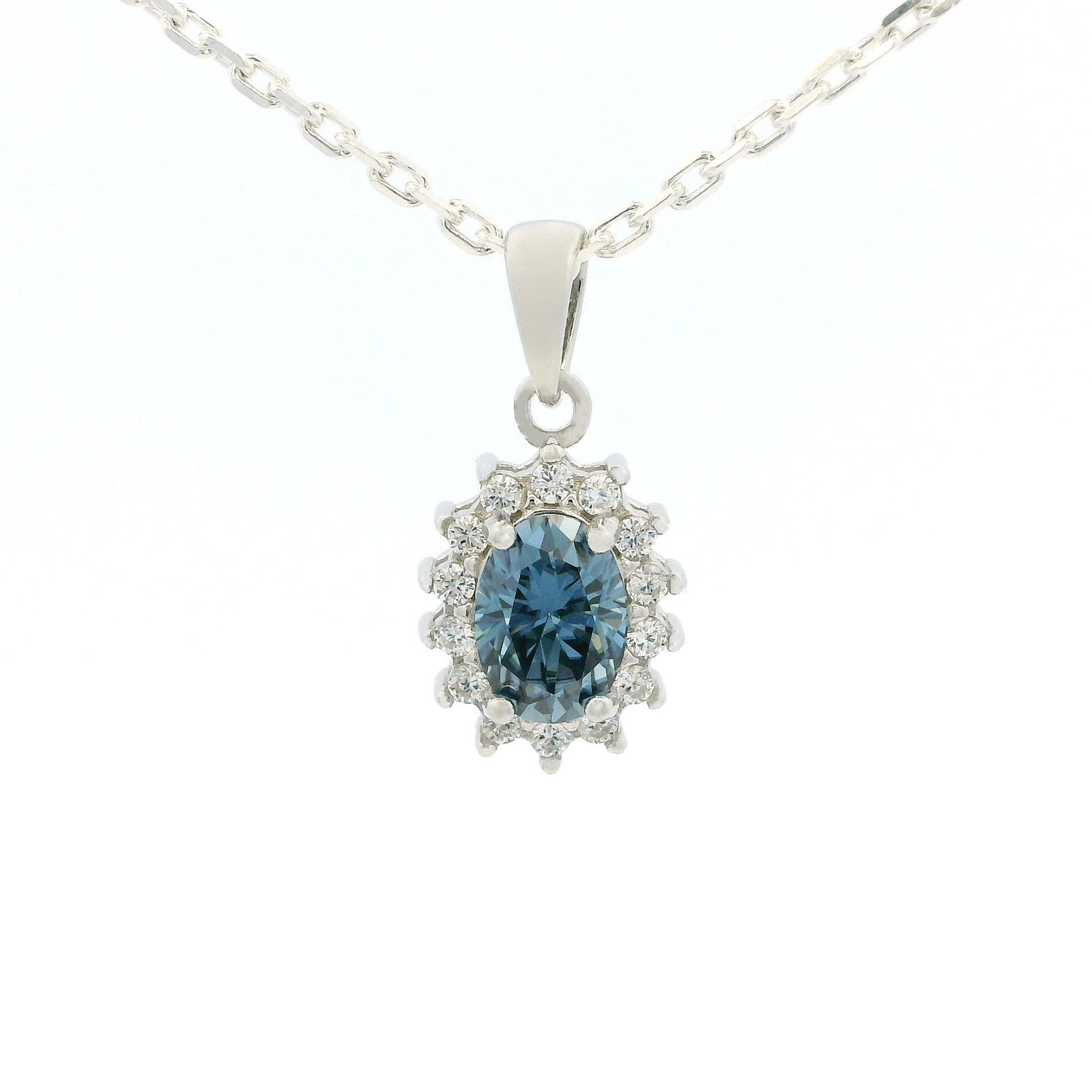 White Gold 1ct Oval Blue Moissanite Halo Silver Dazzle Pendant Necklace