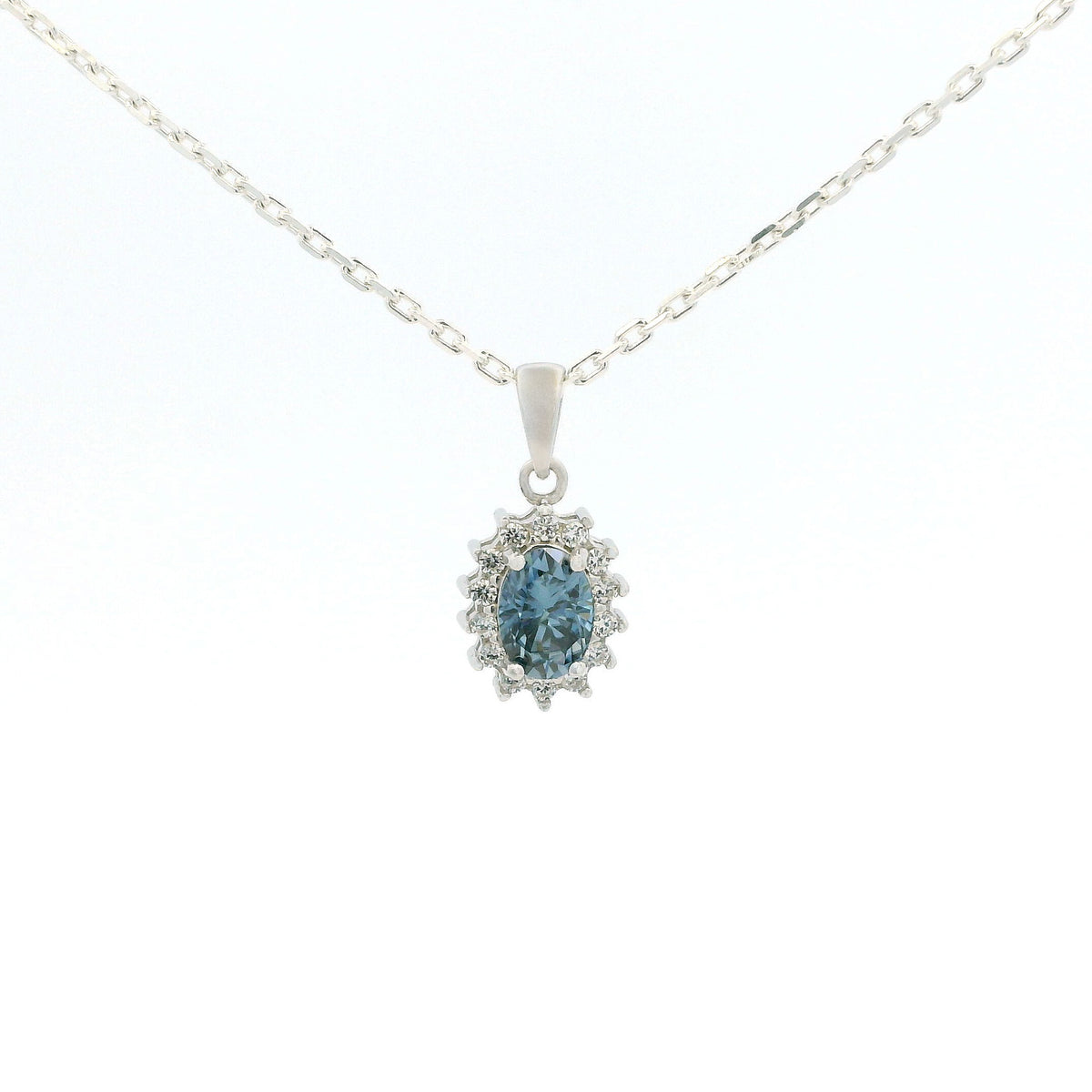 White Gold 1ct Oval Blue Moissanite Halo Silver Dazzle Pendant Necklace
