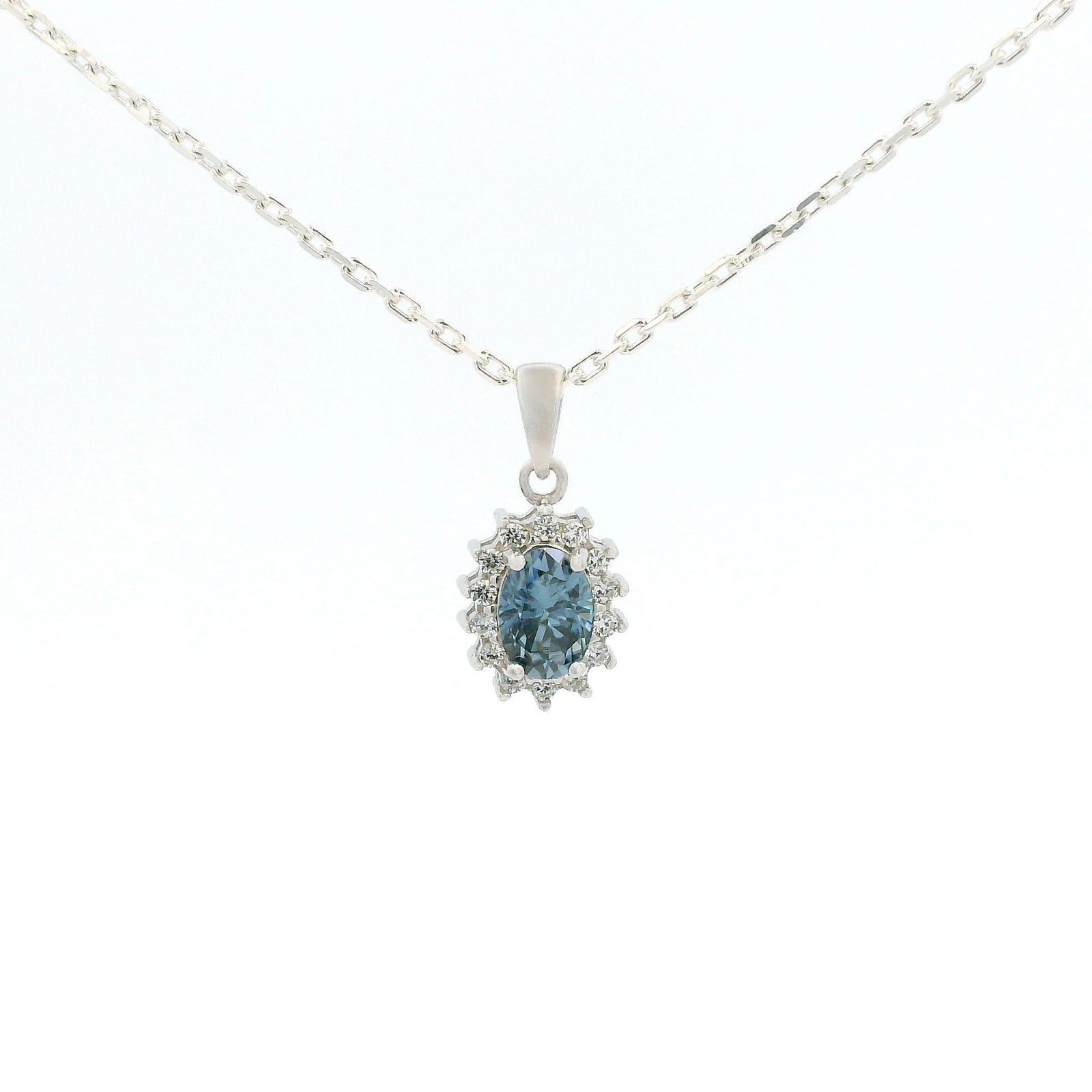 White Gold 1ct Oval Blue Moissanite Halo Silver Dazzle Pendant Necklace