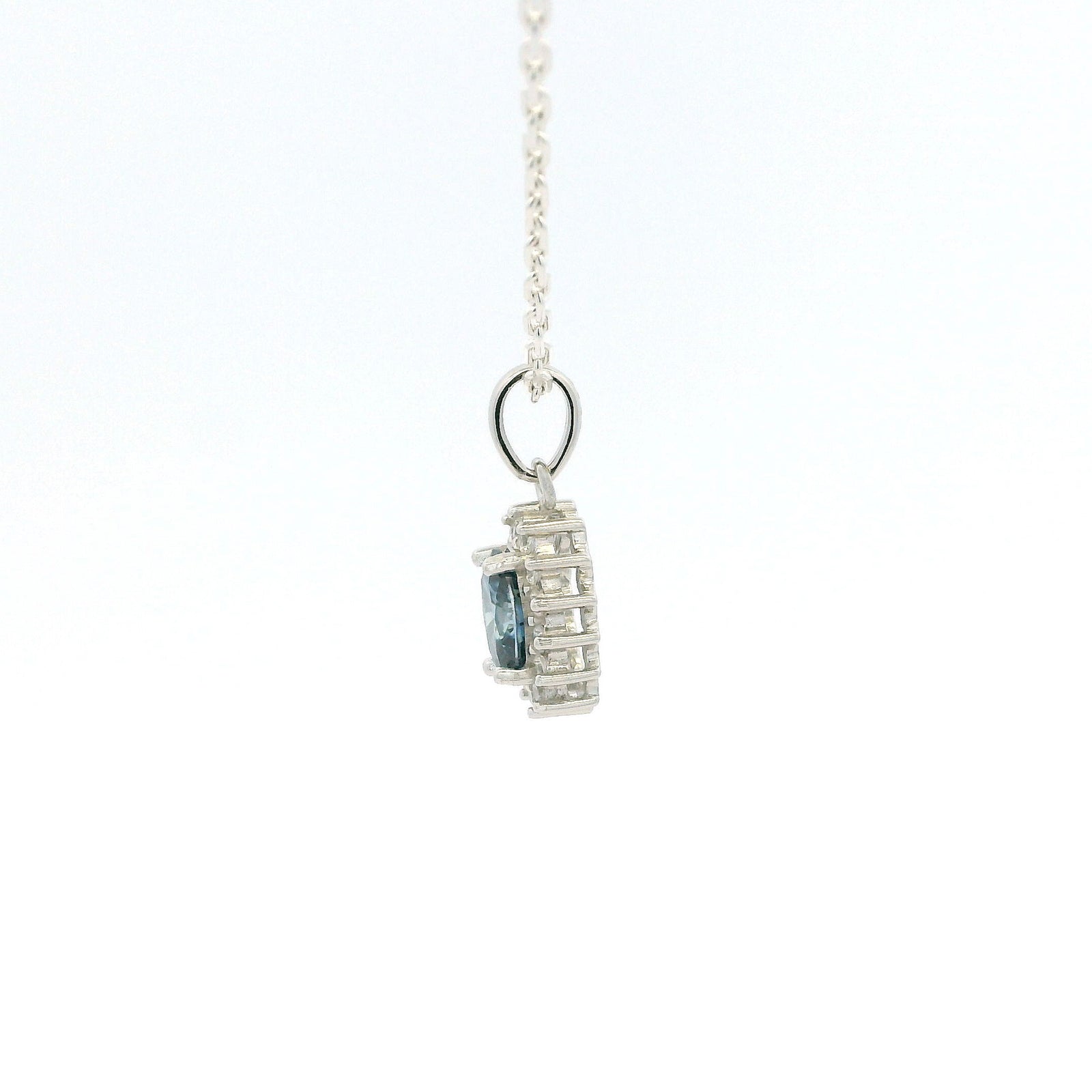 White Gold 1ct Oval Blue Moissanite Halo Silver Dazzle Pendant Necklace