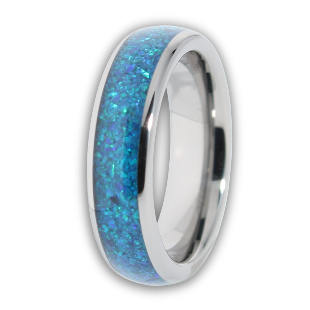 Solid Rings Blue Blue Opal Ring Polished Tungsten 6mm Natural Wonder Ring - Rock Solid Rings