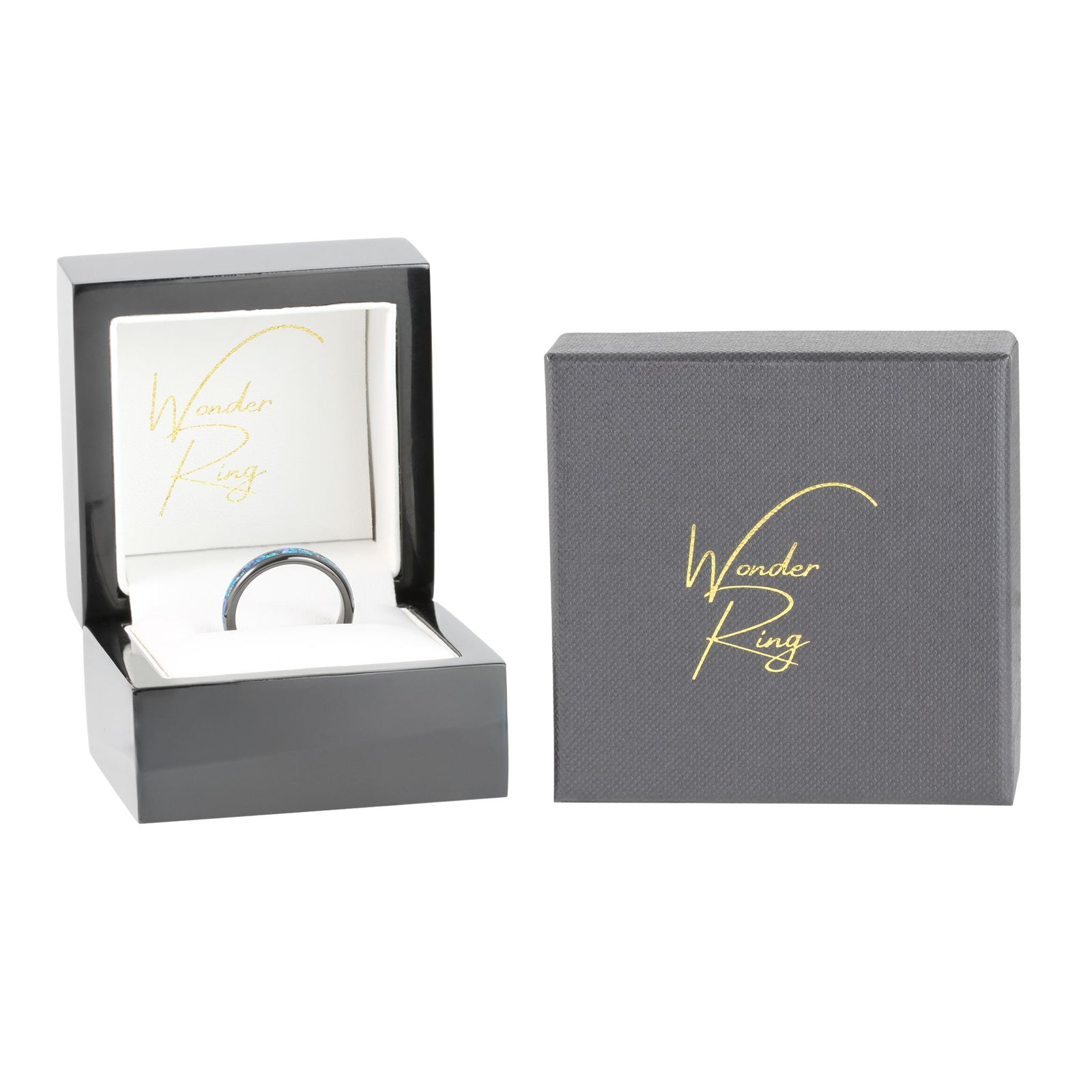 Black tungsten 4mm ring with opal inlay presented in gift box