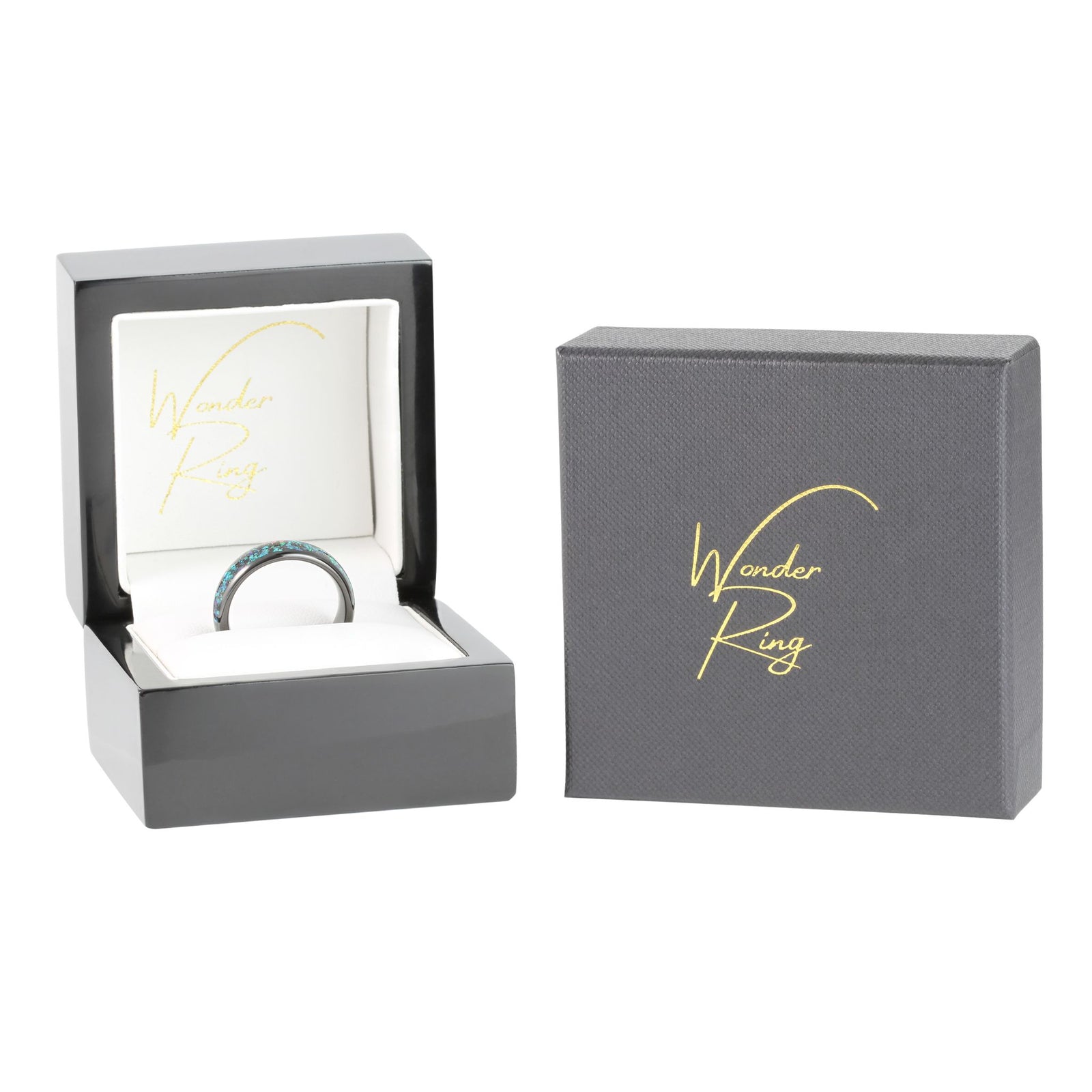 Black tungsten 6mm ring with opal inlay presented in gift box