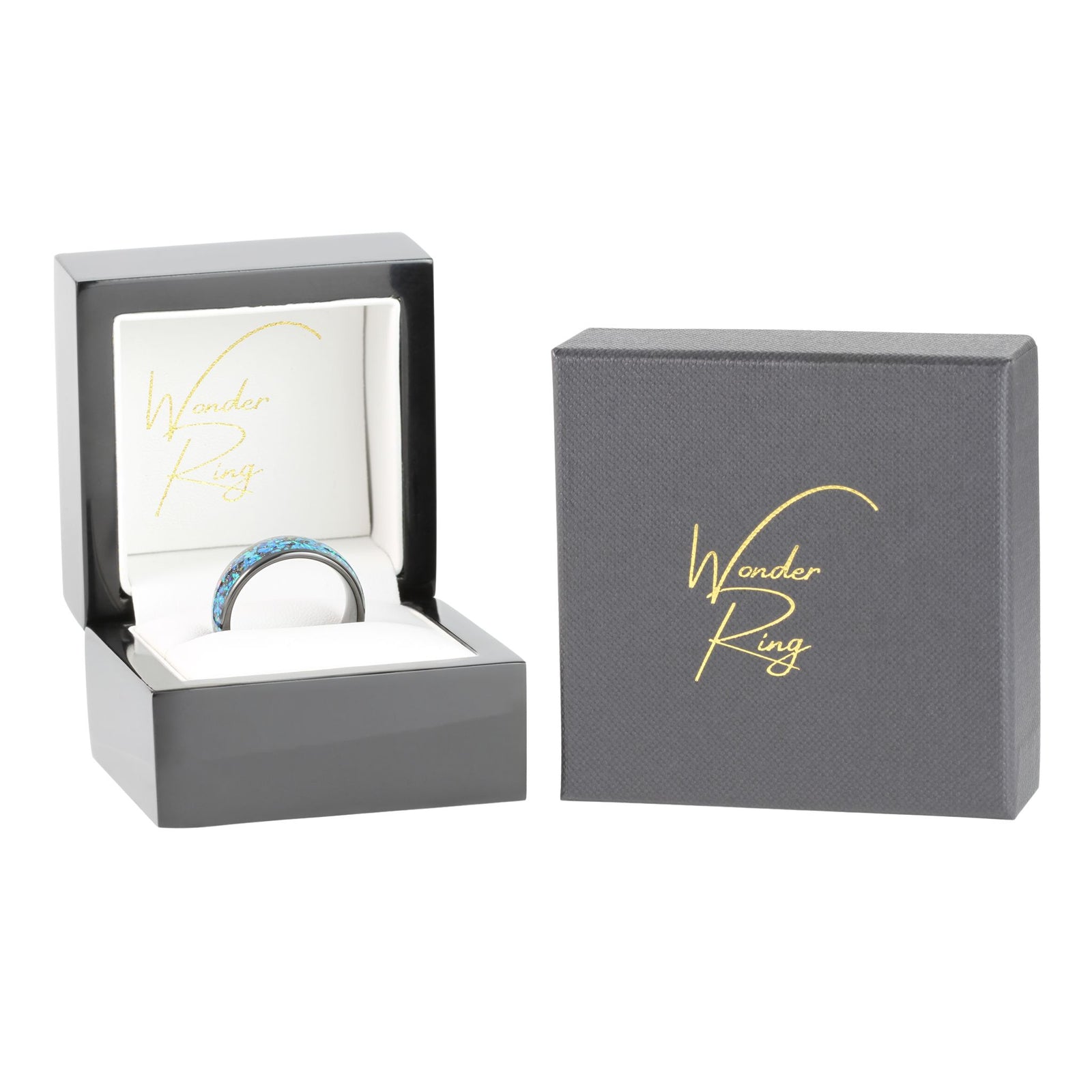 Black tungsten 8mm ring with opal inlay presented in gift box