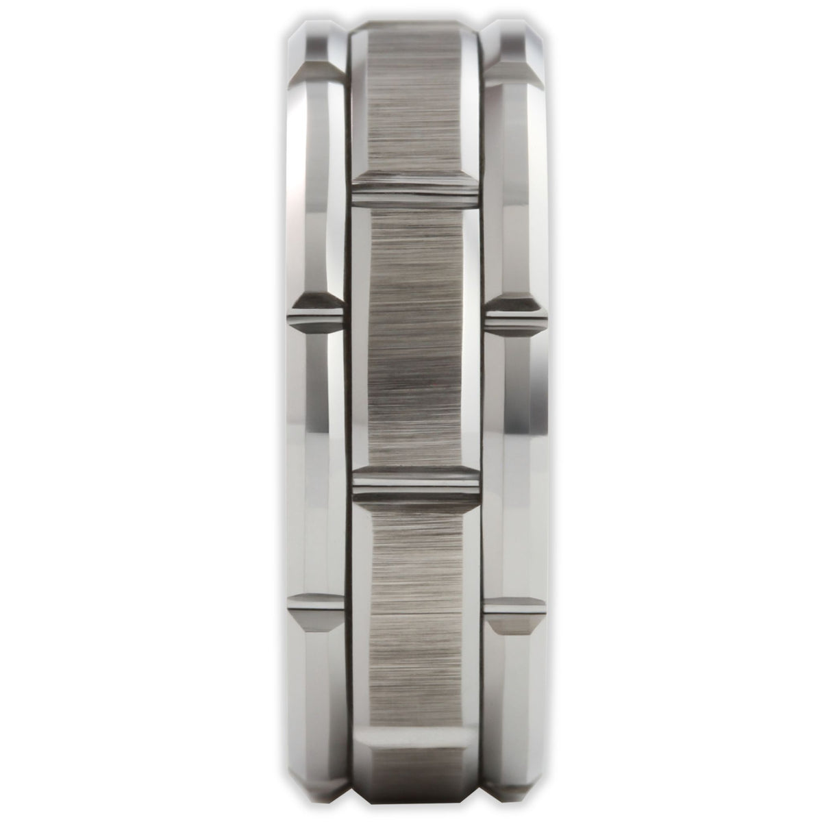 End view of tungsten brick pattern ring showing 8mm band width and edge profile