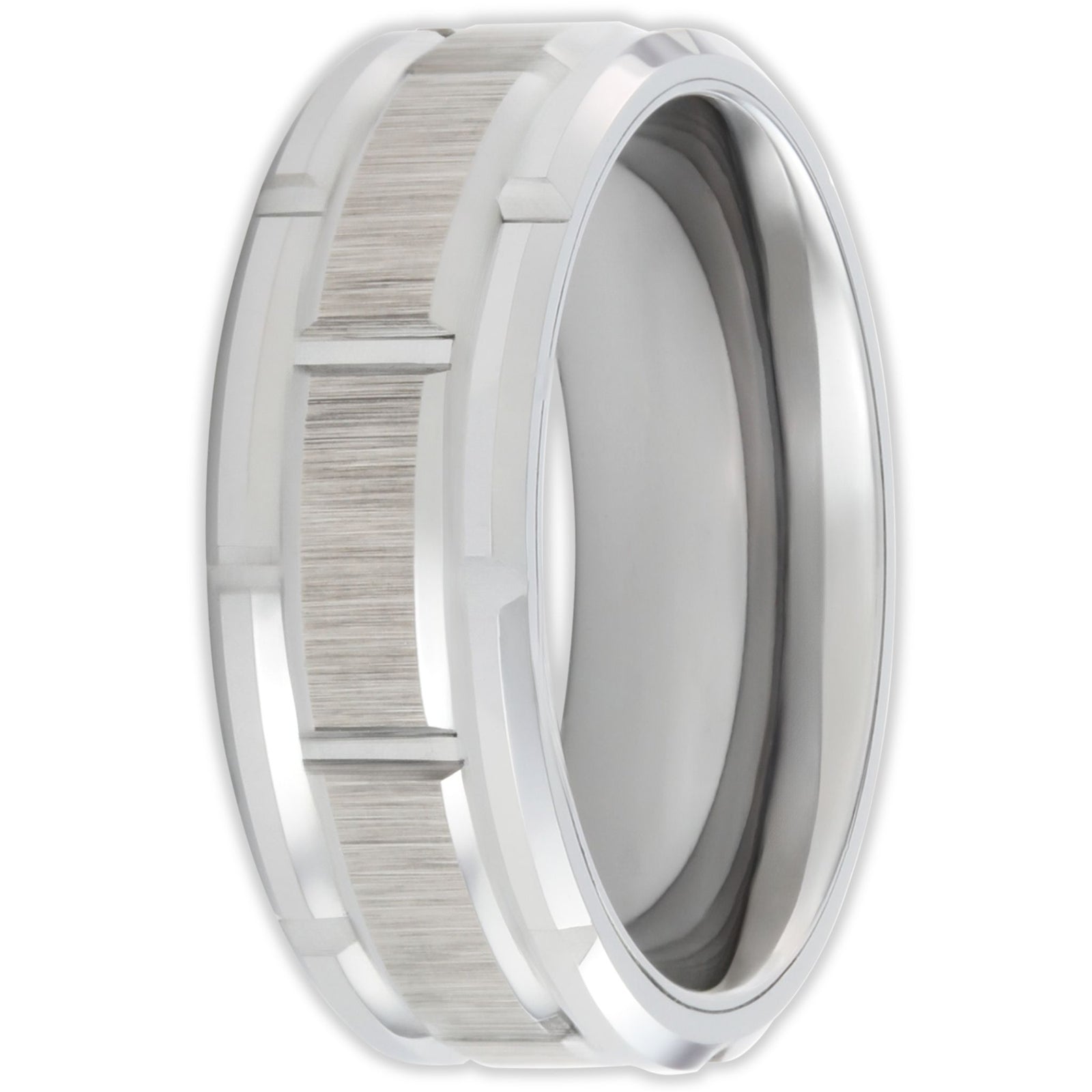 Front view of tungsten ring with brick pattern design and 8mm band