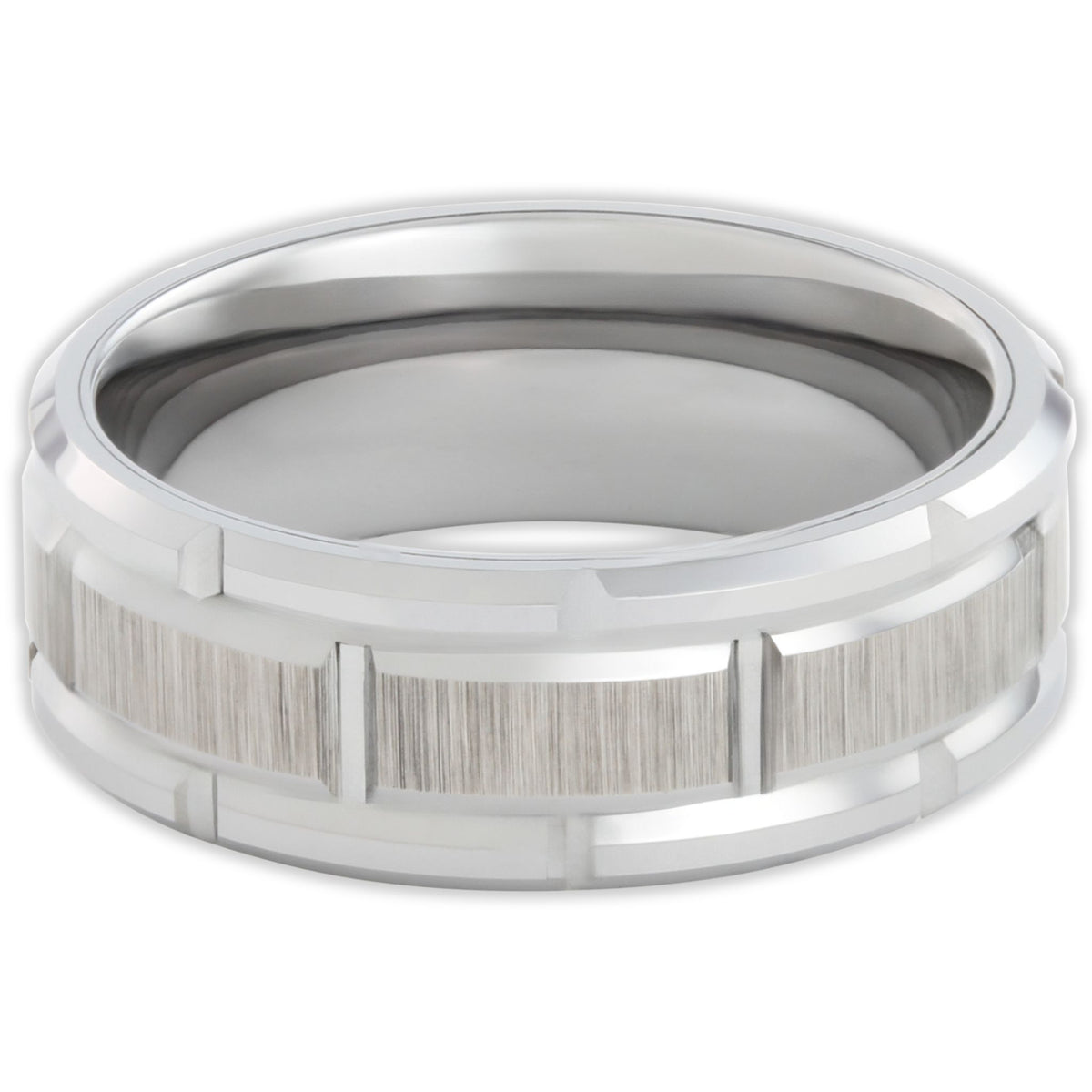 Top view of tungsten 8mm ring with brick-style textured pattern