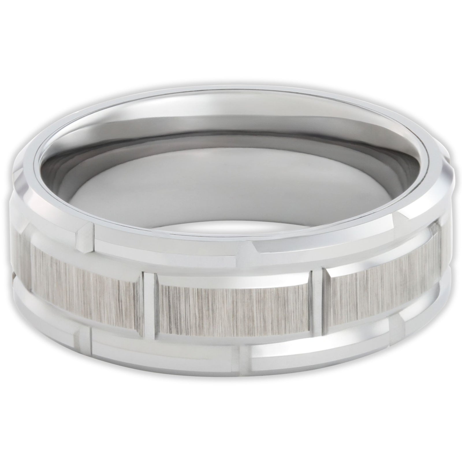 Top view of tungsten 8mm ring with brick-style textured pattern