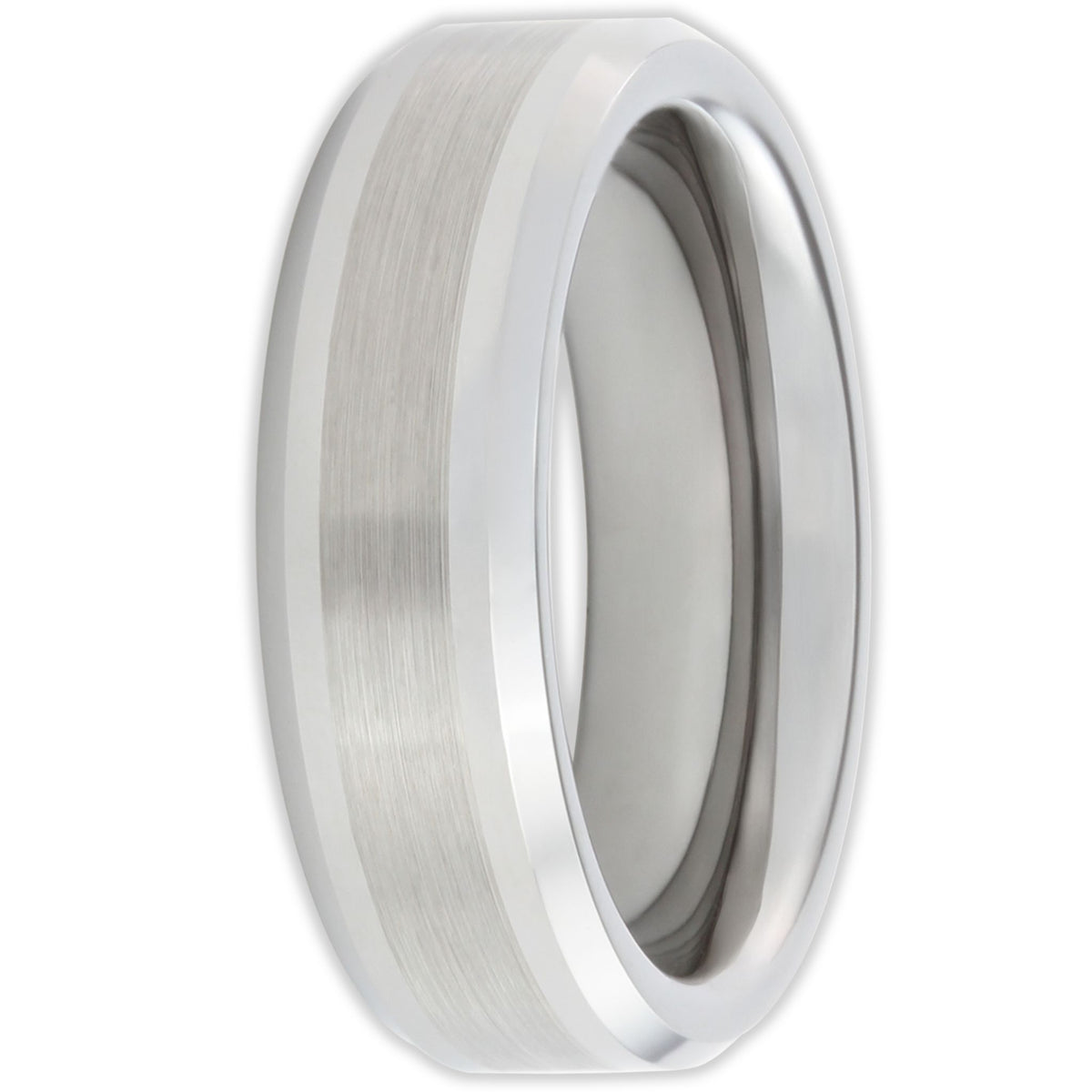 Front view of 6mm tungsten ring with brushed finish and smooth edges
