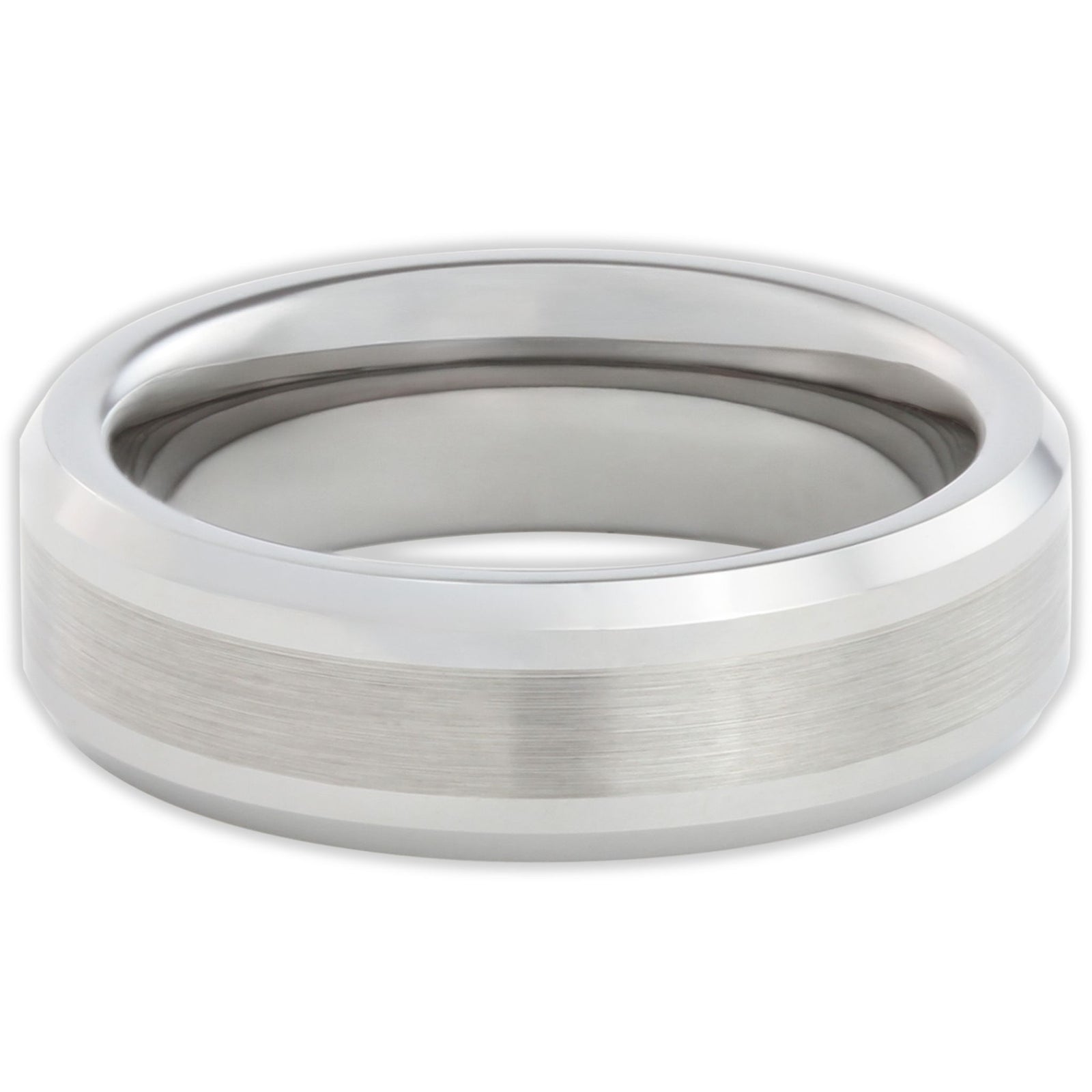 Top view of 6mm tungsten ring with brushed texture and clean surface finish