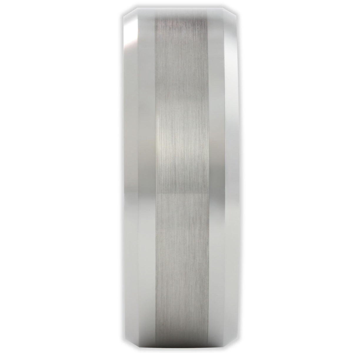 End view of brushed tungsten ring showing 8mm band width and edge profile