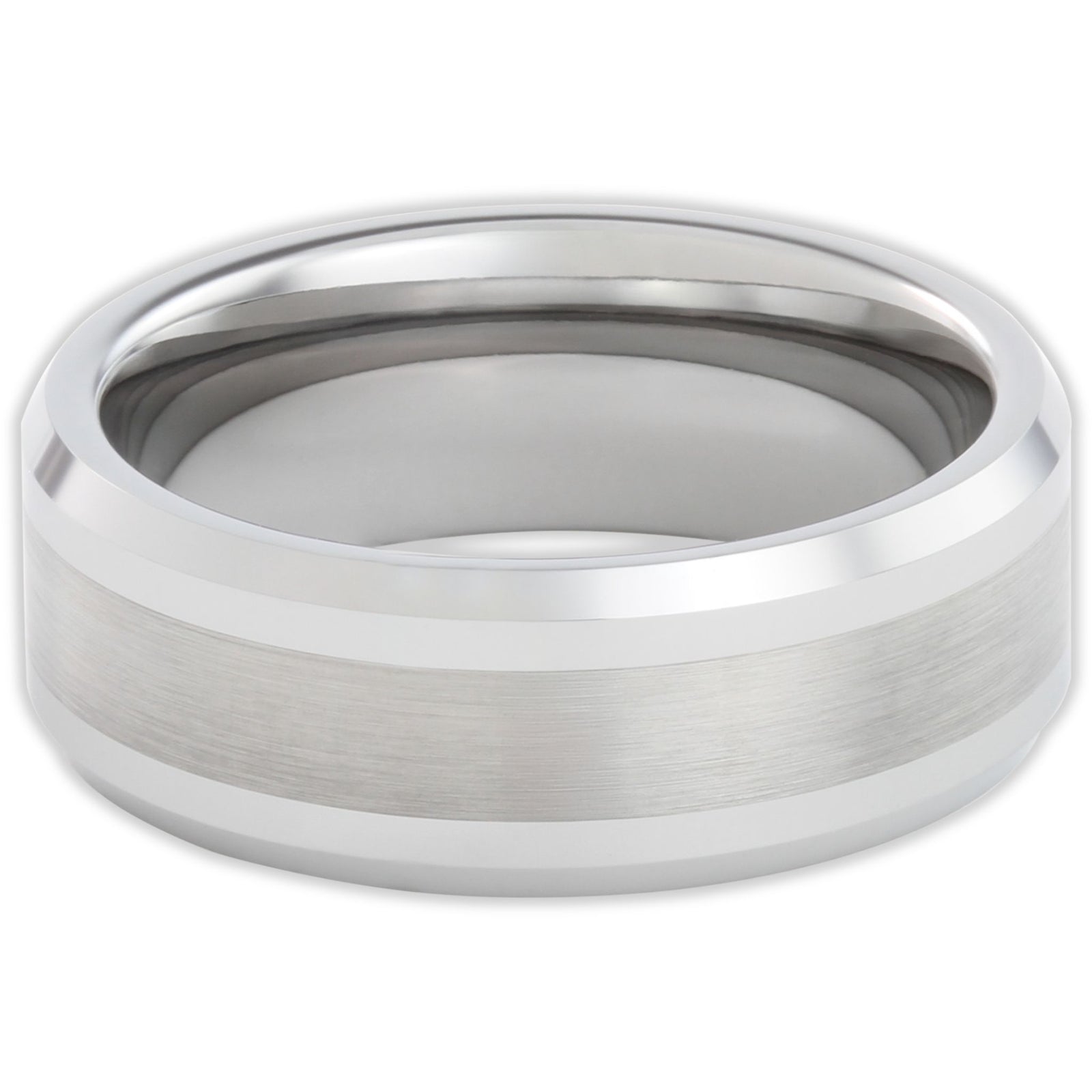 Top view of tungsten 8mm ring with brushed texture and clean finish