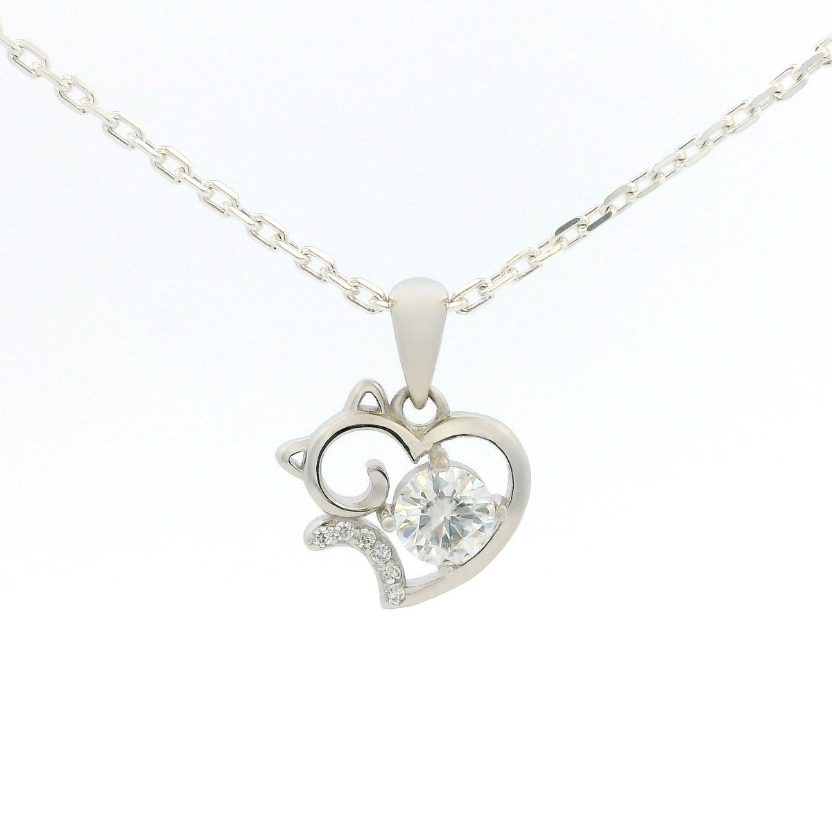 White Gold Moissanite Cat Silver Dazzle Pendant Necklace