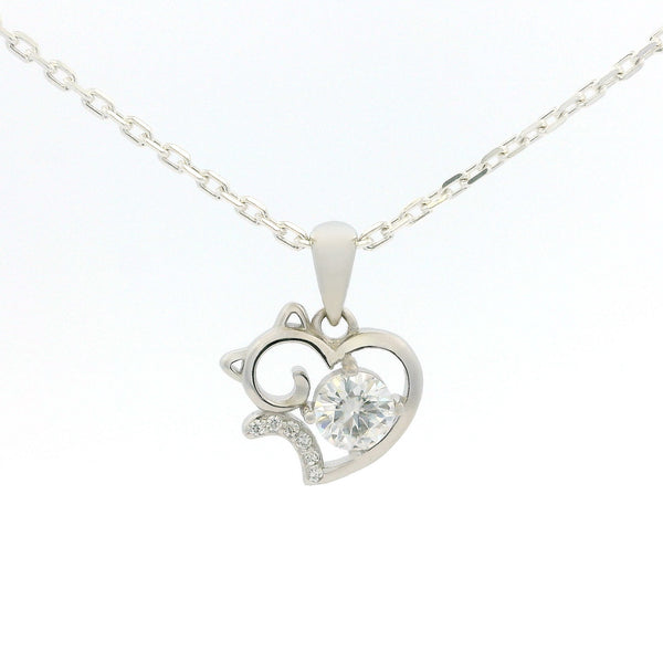 White Gold Moissanite Cat Silver Dazzle Pendant Necklace