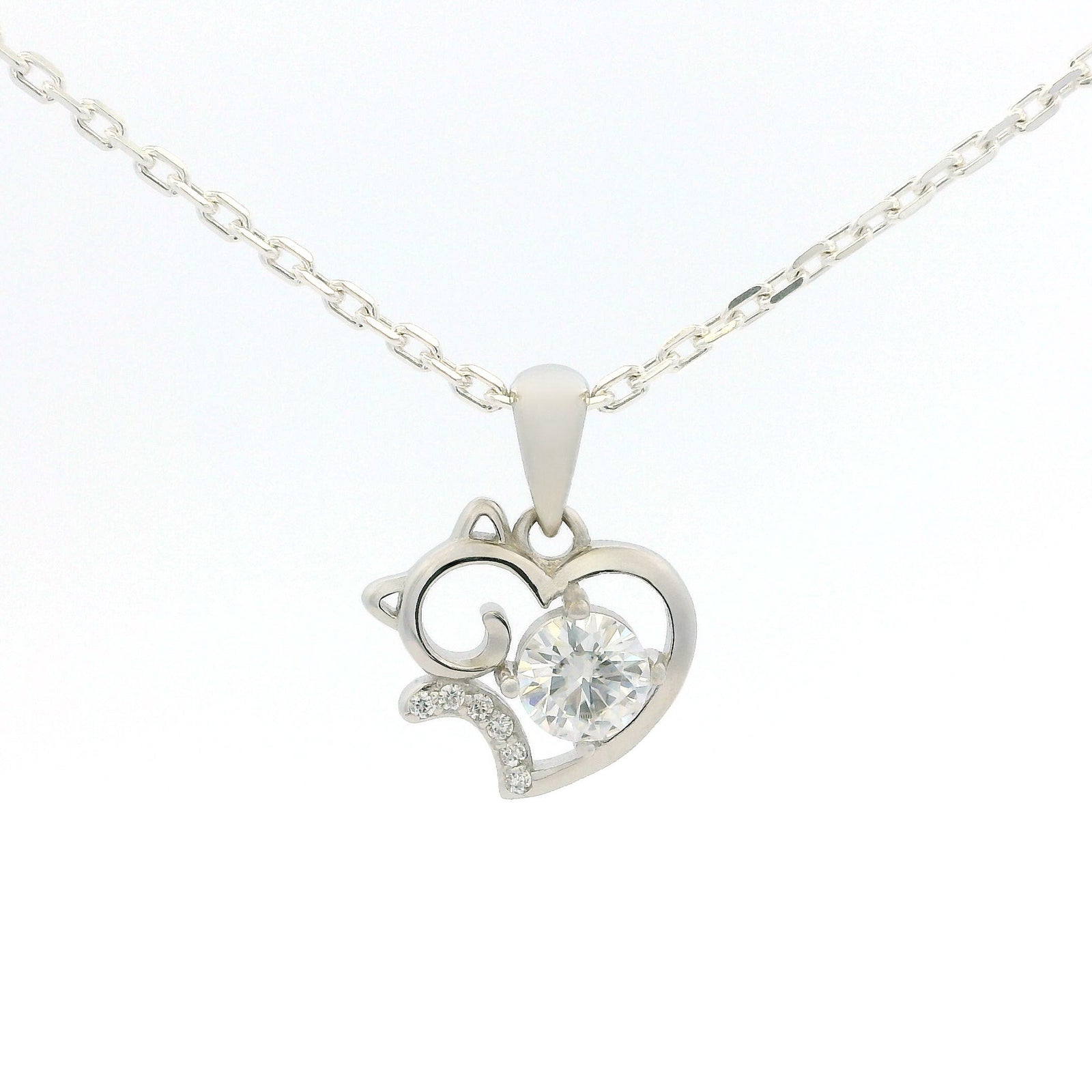 White Gold Moissanite Cat Silver Dazzle Pendant Necklace