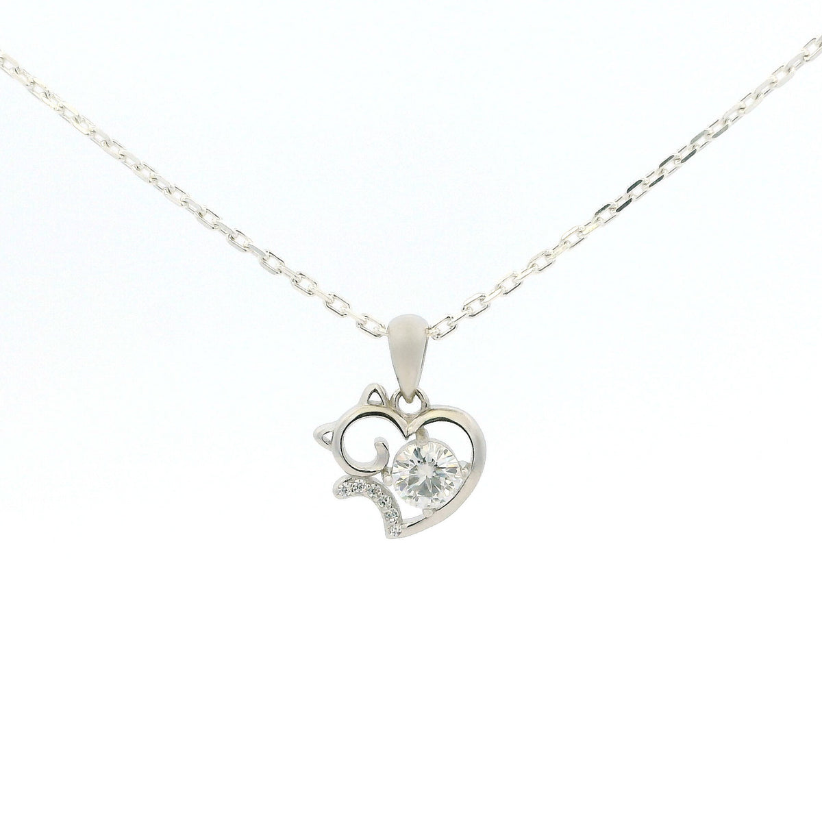 White Gold Moissanite Cat Silver Dazzle Pendant Necklace