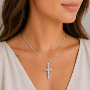White Gold 2ct Moissanite Cross Silver Dazzle Pendant Necklace