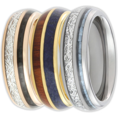 three double inlay scratch-resistant tungsten rings with opal, steel and wood inlays