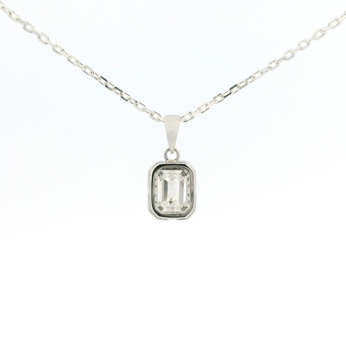 White Gold 1ct Emerald Cut Moissanite Silver Dazzle Pendant Necklace