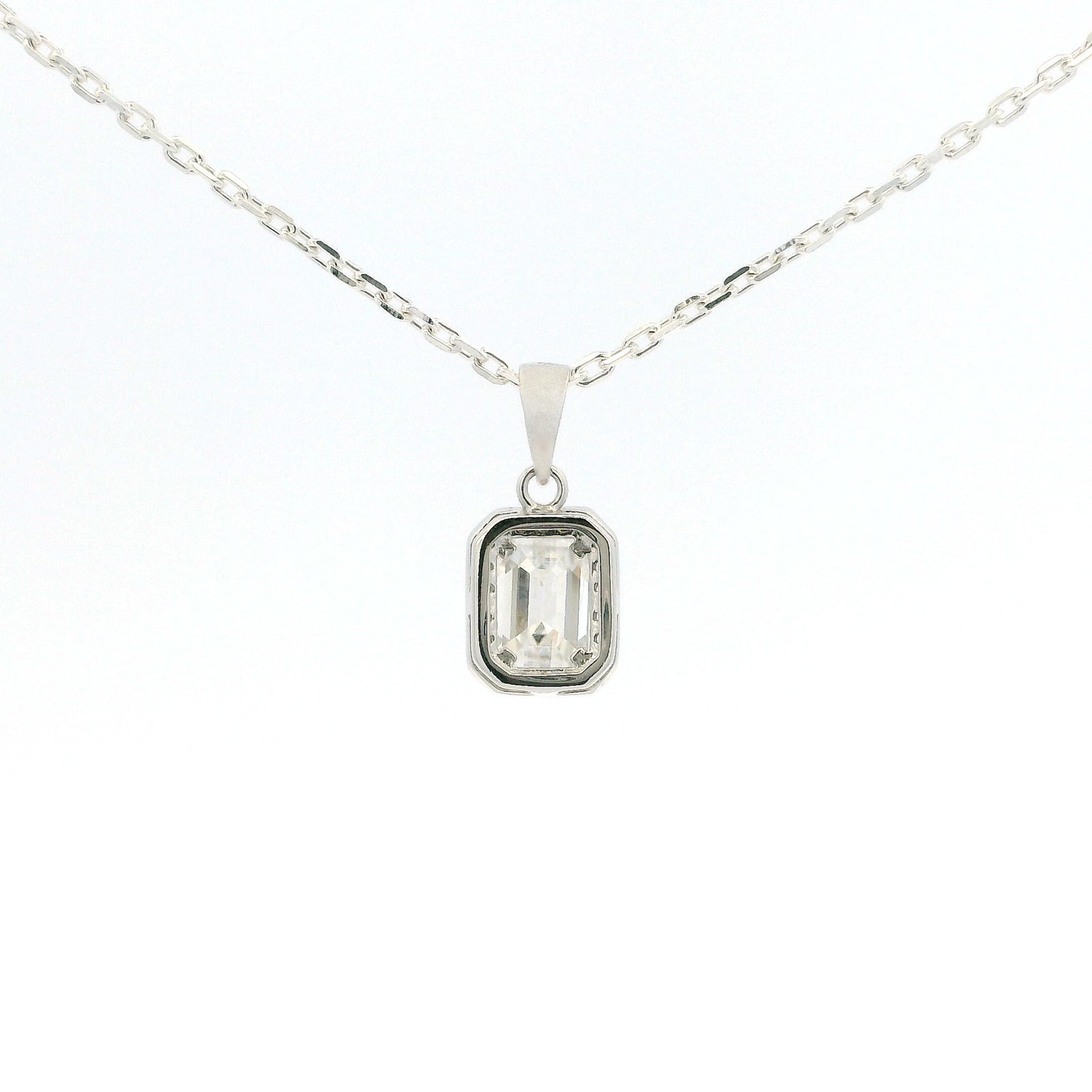 White Gold 1ct Emerald Cut Moissanite Silver Dazzle Pendant Necklace