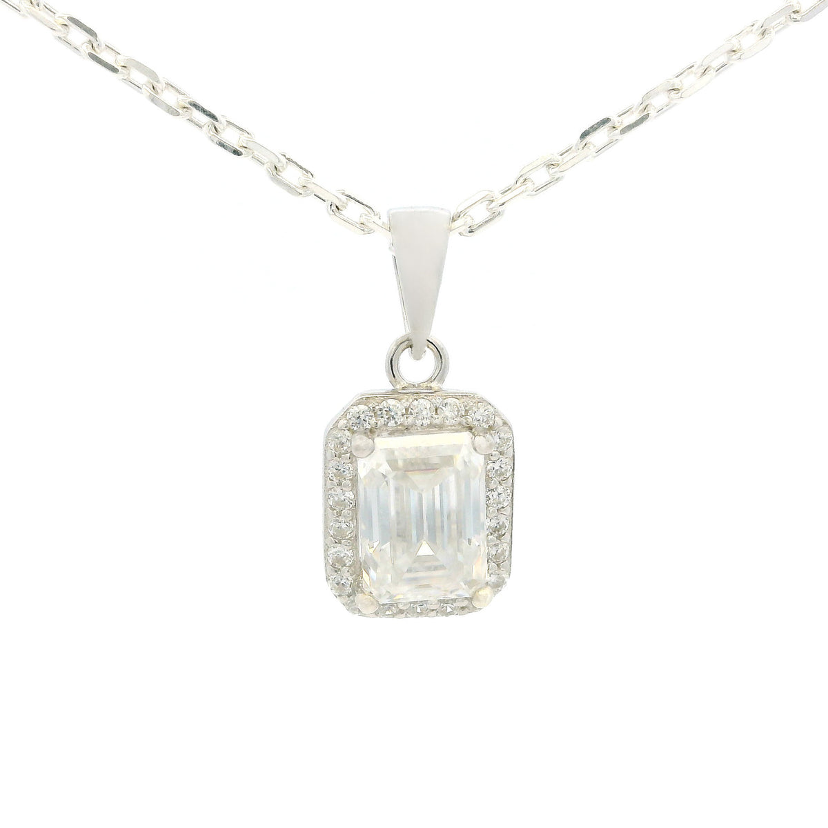 White Gold 1ct Emerald Cut Moissanite Silver Dazzle Pendant Necklace