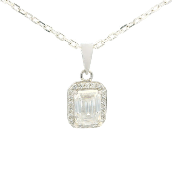 White Gold 1ct Emerald Cut Moissanite Silver Dazzle Pendant Necklace