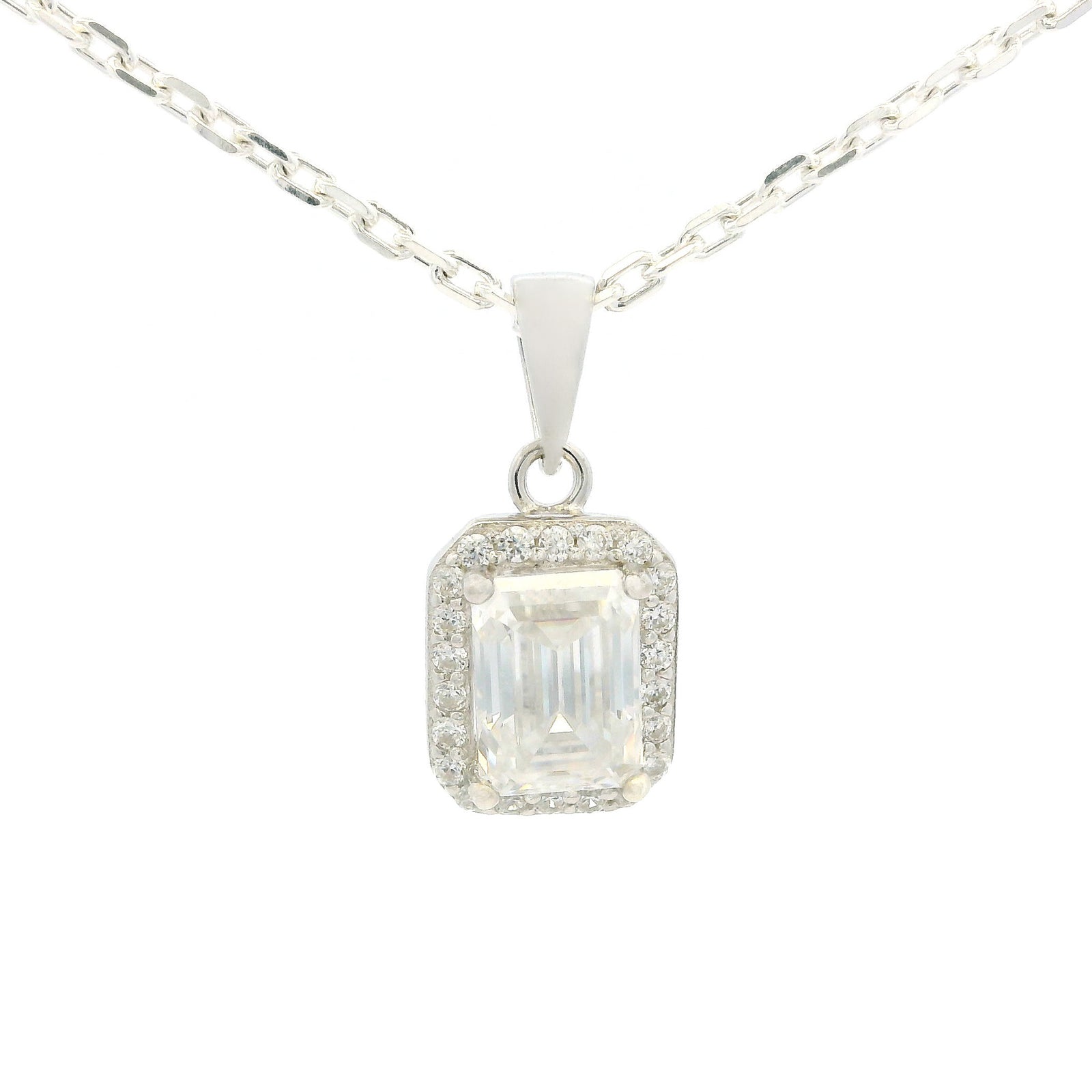 White Gold 1ct Emerald Cut Moissanite Silver Dazzle Pendant Necklace