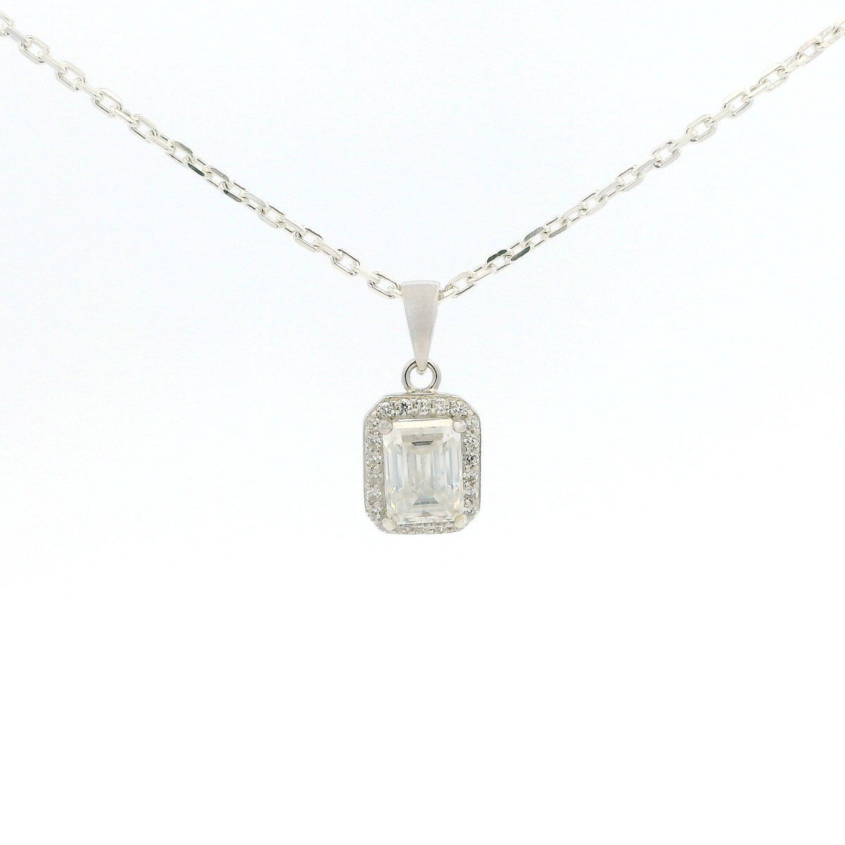 White Gold 1ct Emerald Cut Moissanite Silver Dazzle Pendant Necklace