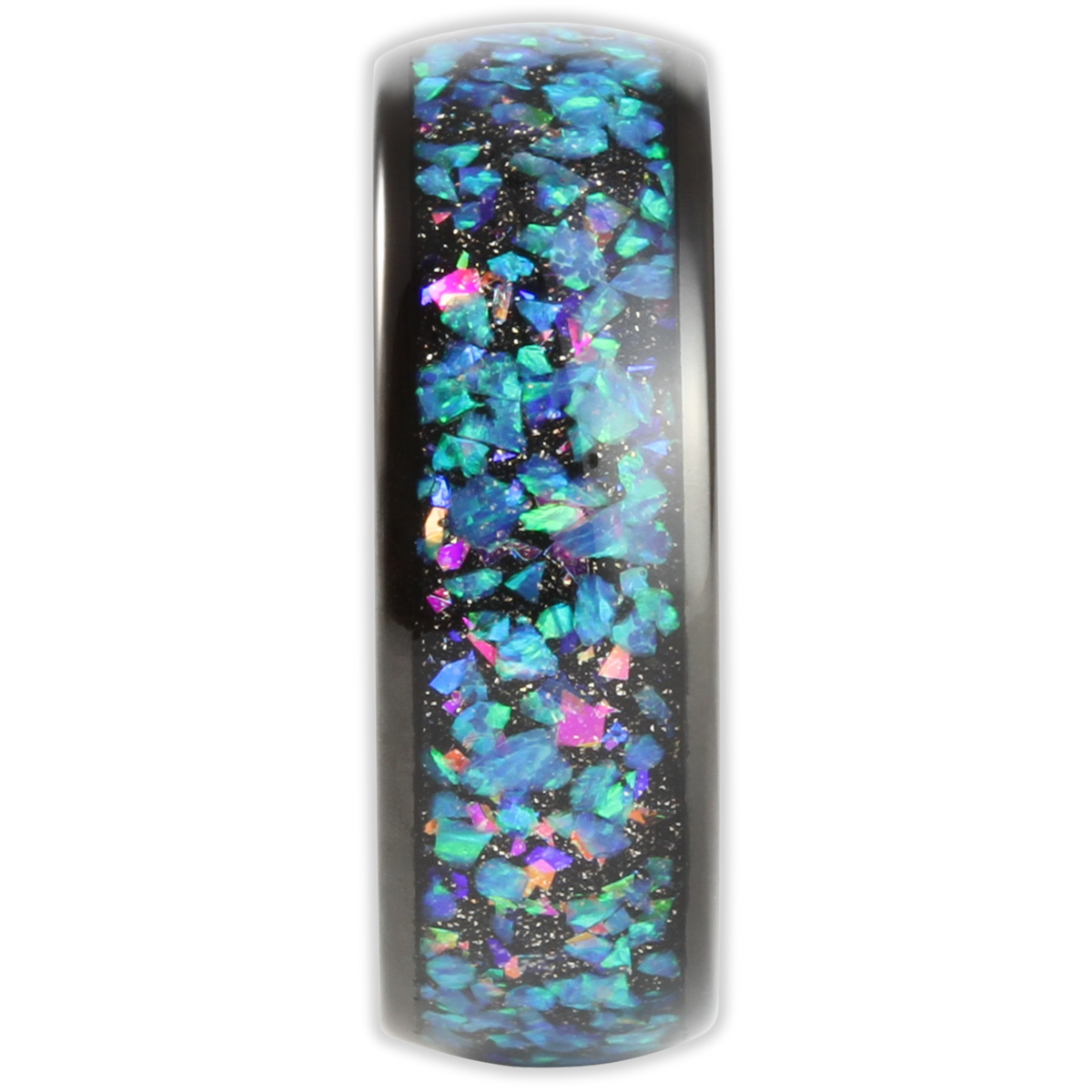 Multicoloured opal ring on a white background