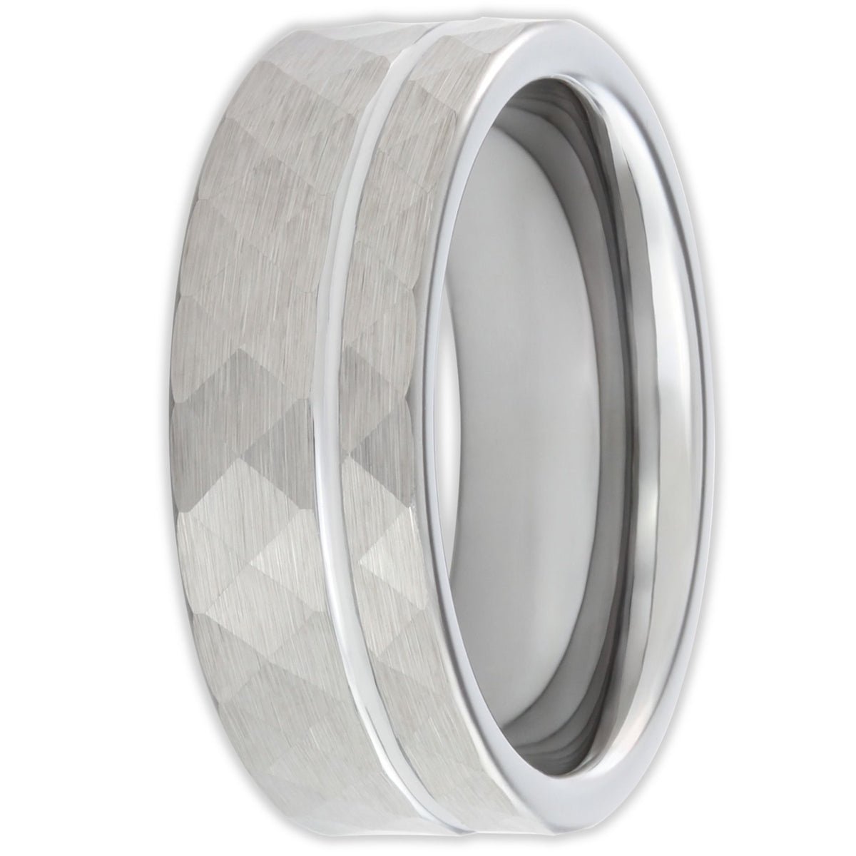 Front view of tungsten faceted ring with 8mm band and geometric surface design